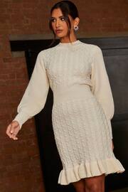 Chi Chi London Cream Balloon Sleeve Cable Knit Mini Jumper Dress - Image 3 of 4