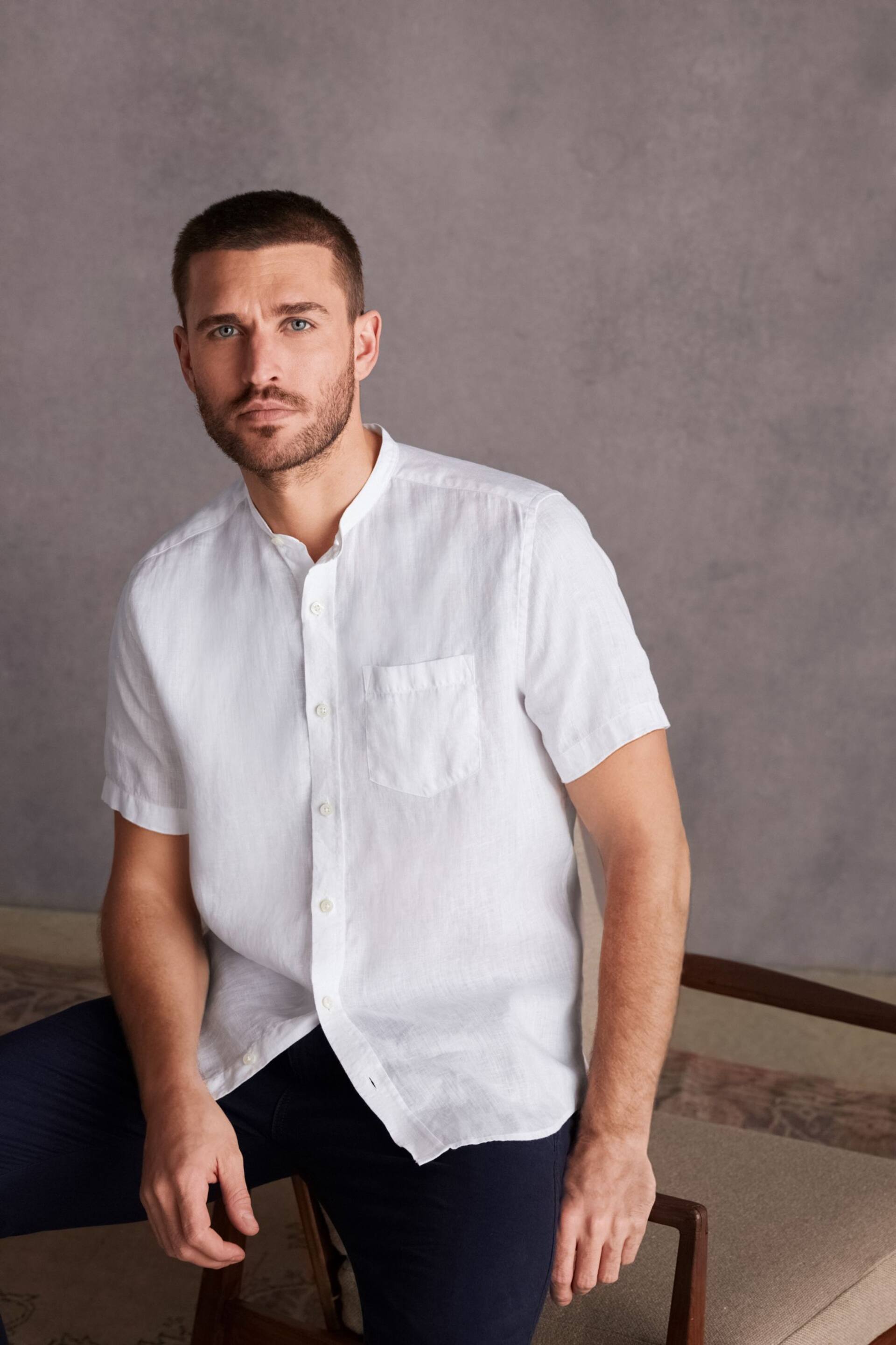 White Grandad Collar Signature 100% Linen Short Sleeve Shirt - Image 1 of 7