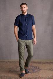 Navy Blue Grandad Collar Signature 100% Linen Short Sleeve Shirt - Image 2 of 6