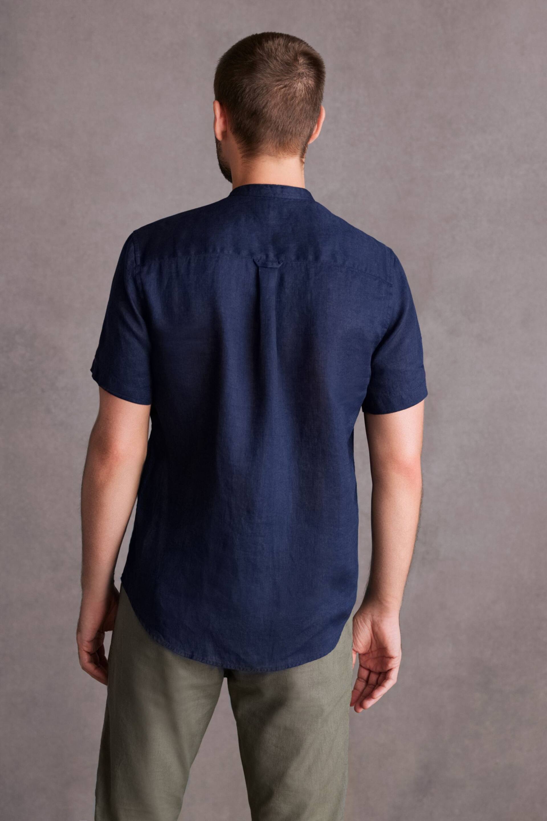 Navy Blue Grandad Collar Signature 100% Linen Short Sleeve Shirt - Image 3 of 6