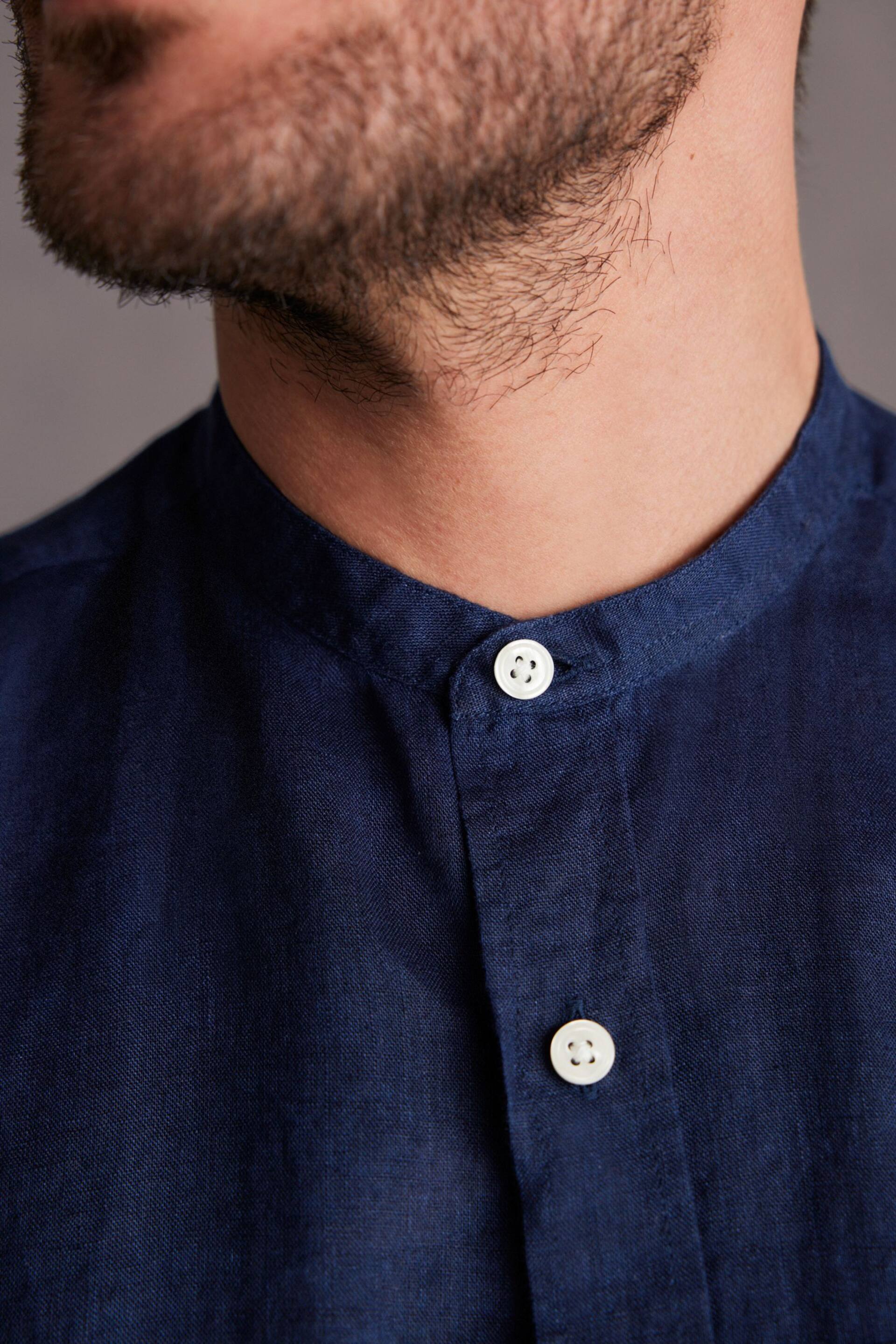 Navy Blue Grandad Collar Signature 100% Linen Short Sleeve Shirt - Image 5 of 6