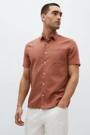Brown Standard Collar Linen Blend Short Sleeve Shirt - Image 1 of 8