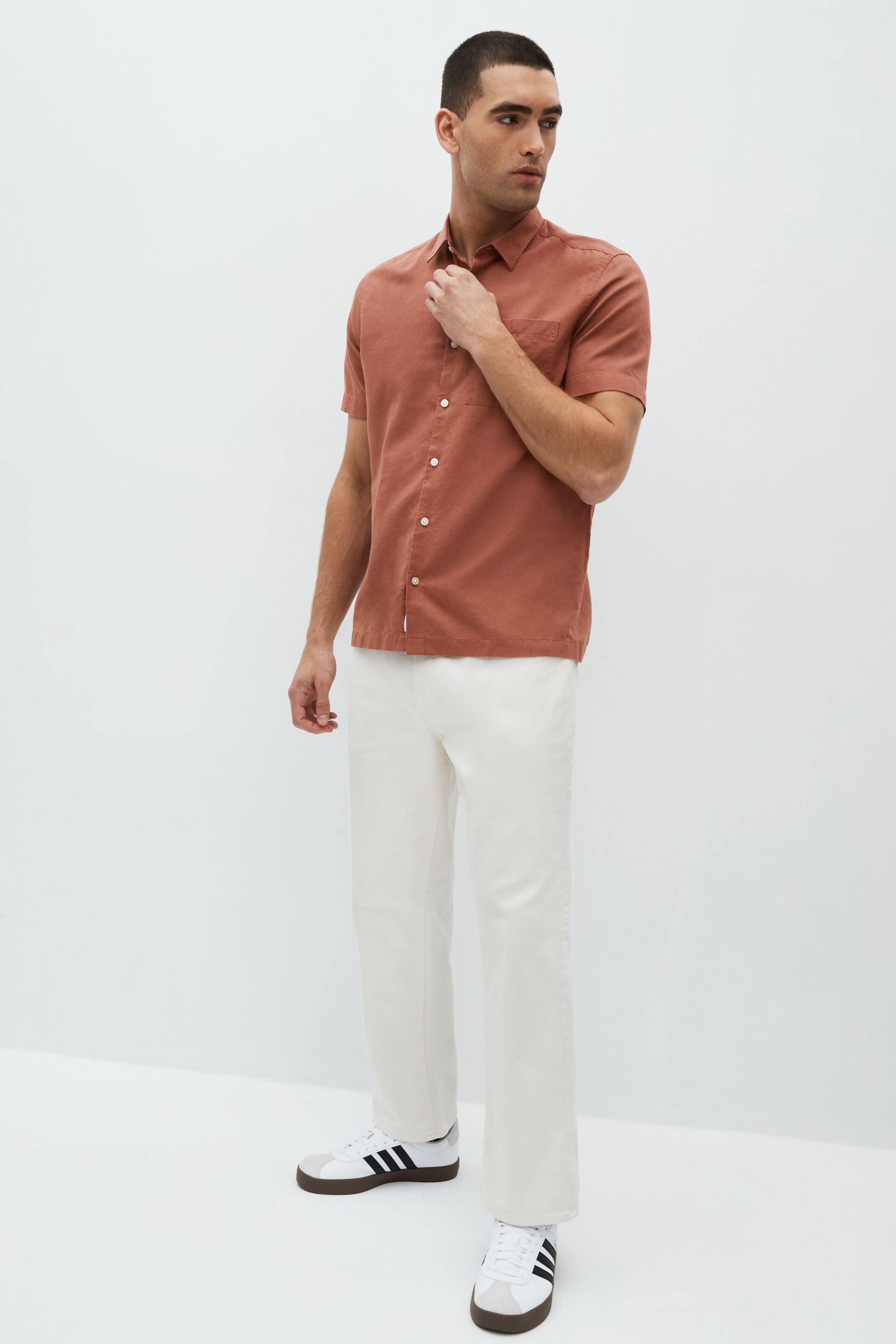 Brown Standard Collar Linen Blend Short Sleeve Shirt - Image 2 of 8