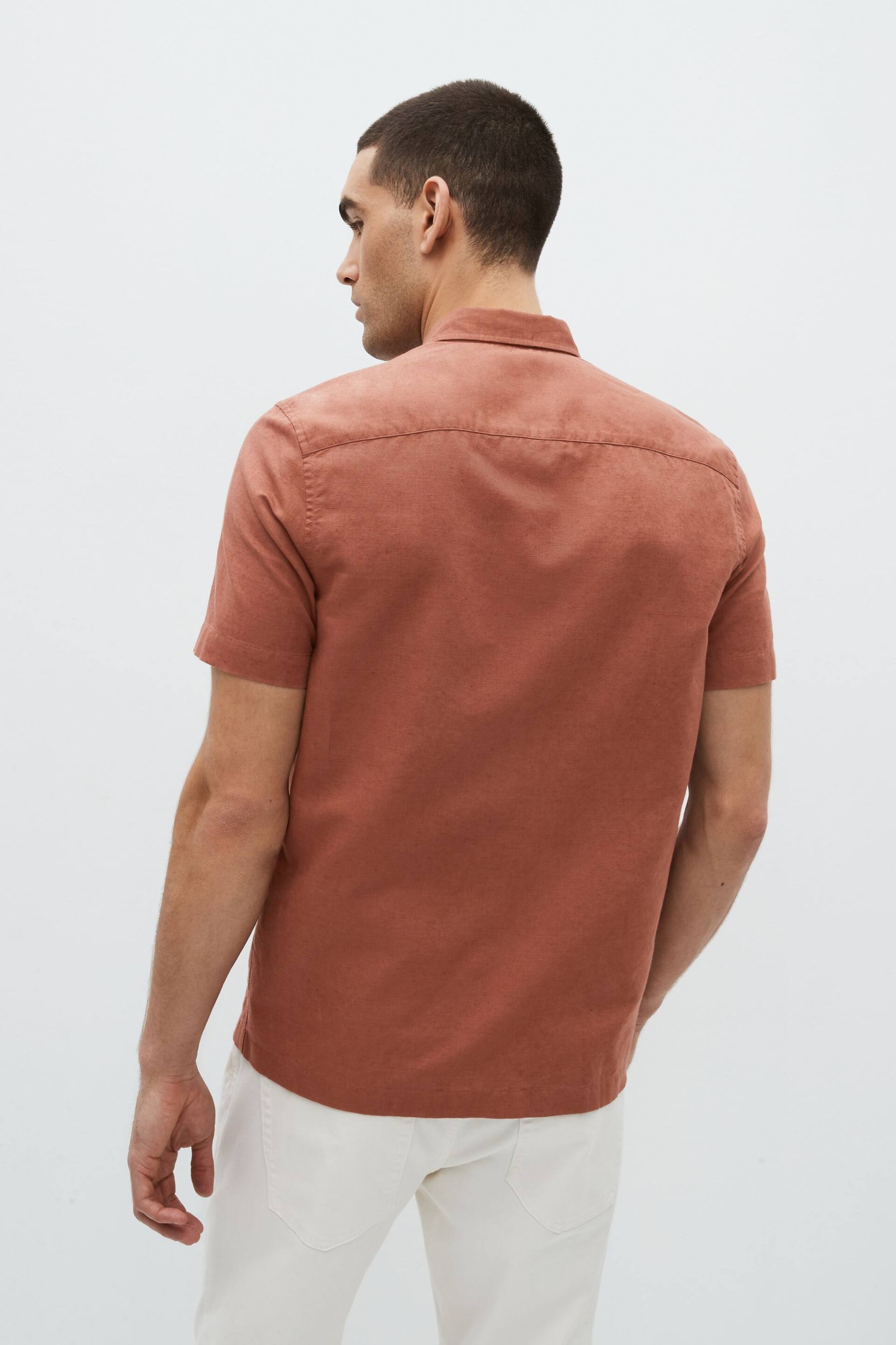 Brown Standard Collar Linen Blend Short Sleeve Shirt - Image 3 of 8