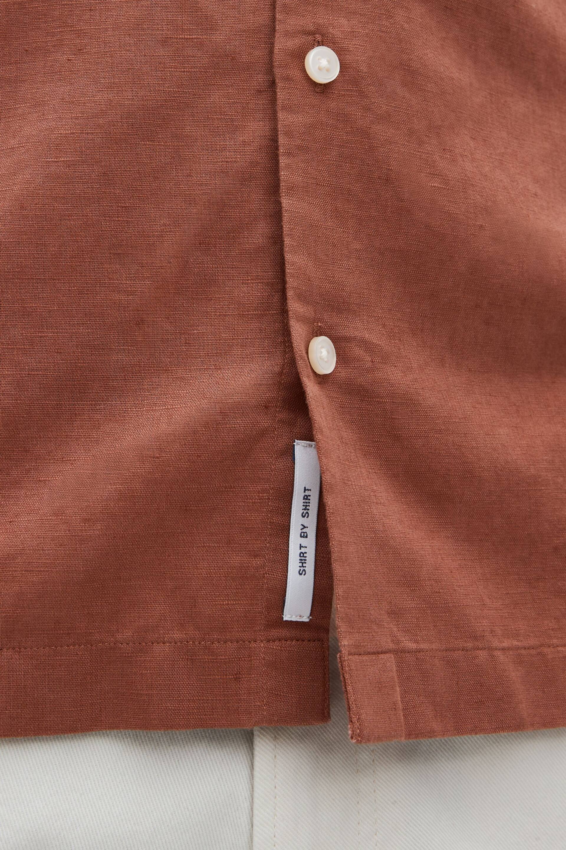 Brown Standard Collar Linen Blend Short Sleeve Shirt - Image 5 of 8
