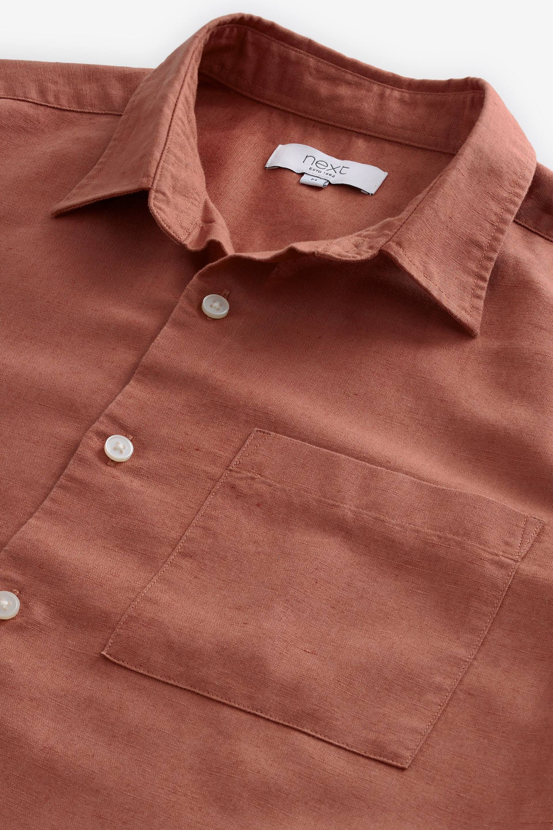 Brown Standard Collar Linen Blend Short Sleeve Shirt - Image 7 of 8