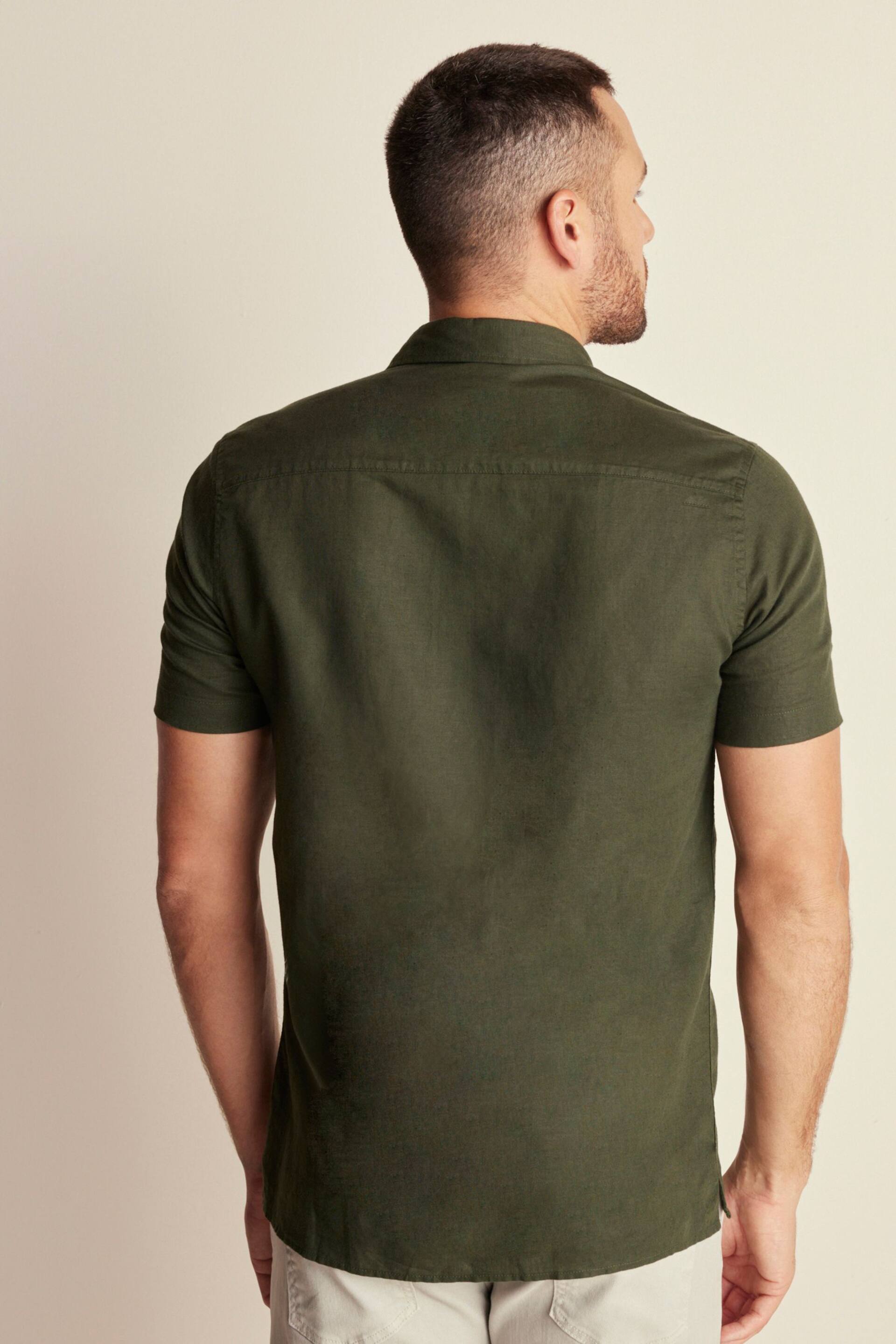 Dark Green Standard Collar Linen Blend Short Sleeve Shirt - Image 3 of 8