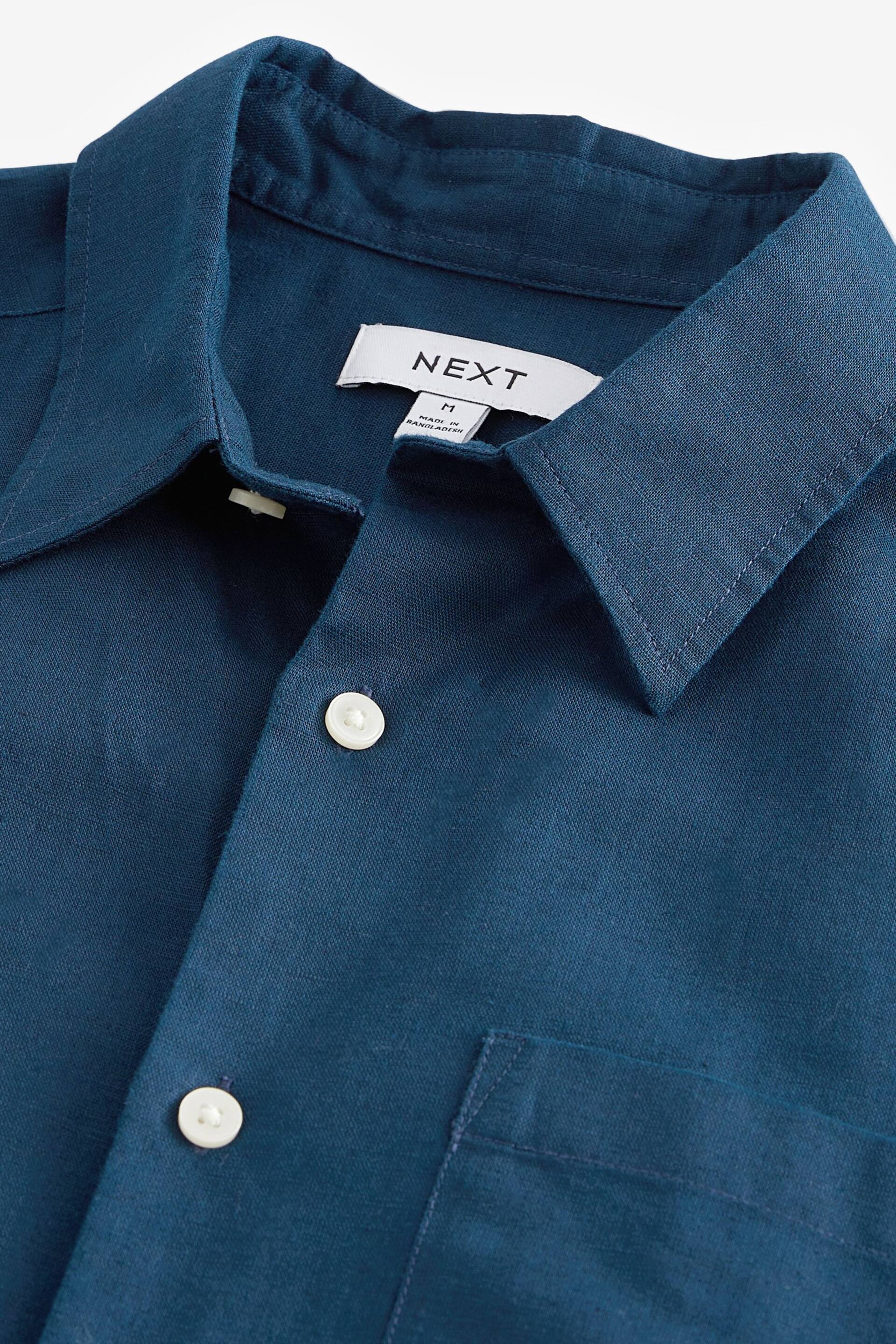 Navy Standard Collar Linen Blend Short Sleeve Shirt - Image 6 of 7