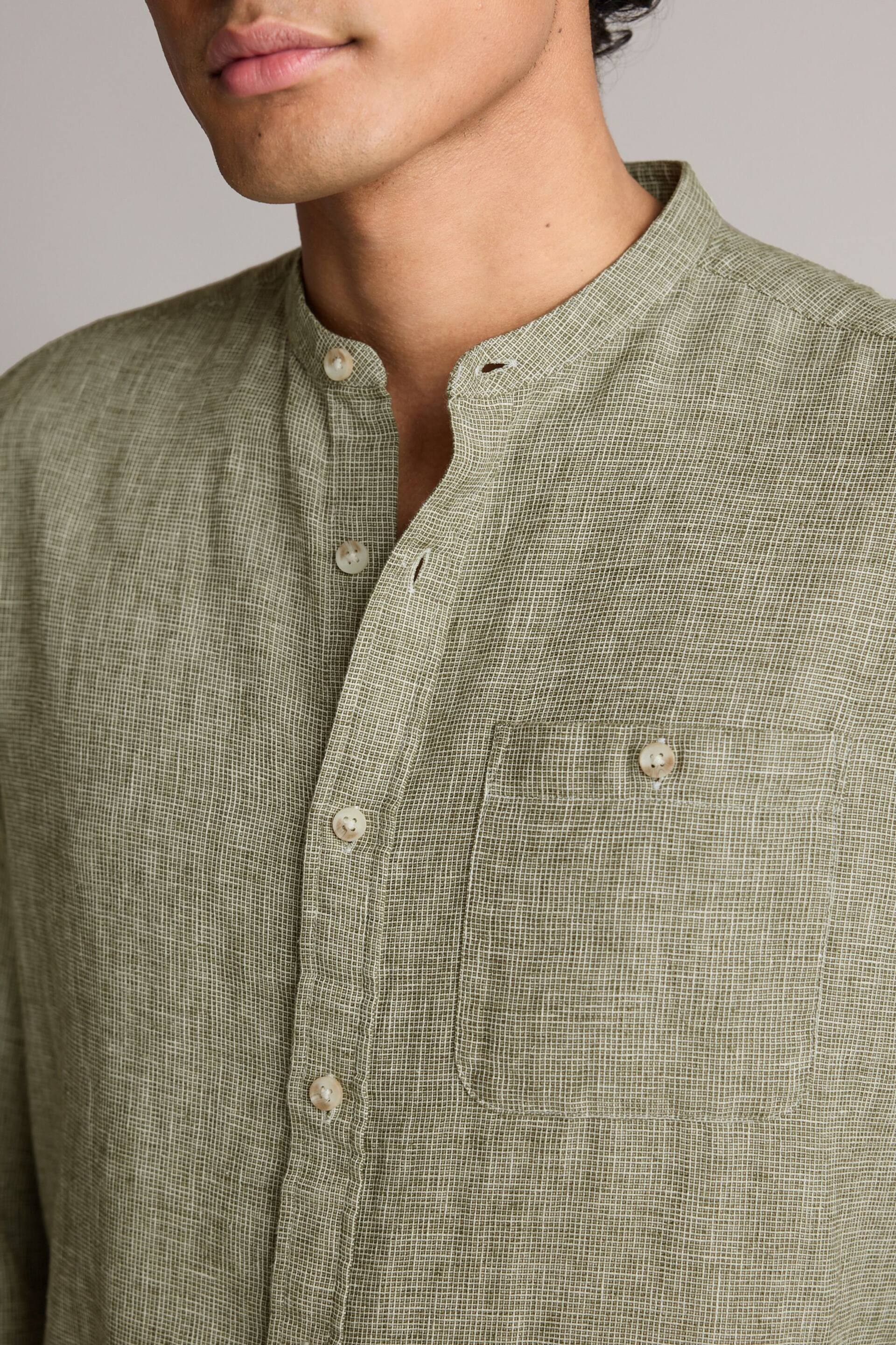 Green Grandad Collar Linen Blend Long Sleeve Shirt - Image 4 of 8