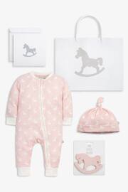 The Little Tailor Pink Easter Bunny Print Luxury 3 Piece Baby Gift Set; Sleepsuit, Hat and Rubber Teether Toy - Image 1 of 10