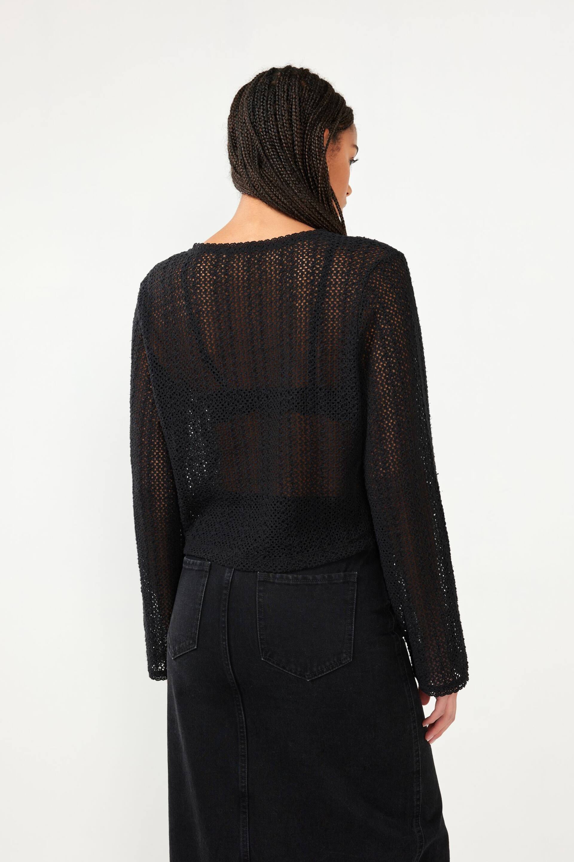Black Crochet Knit Tie Detail Textured Cardigan - Image 2 of 6