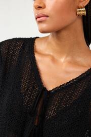 Black Crochet Knit Tie Detail Textured Cardigan - Image 4 of 6