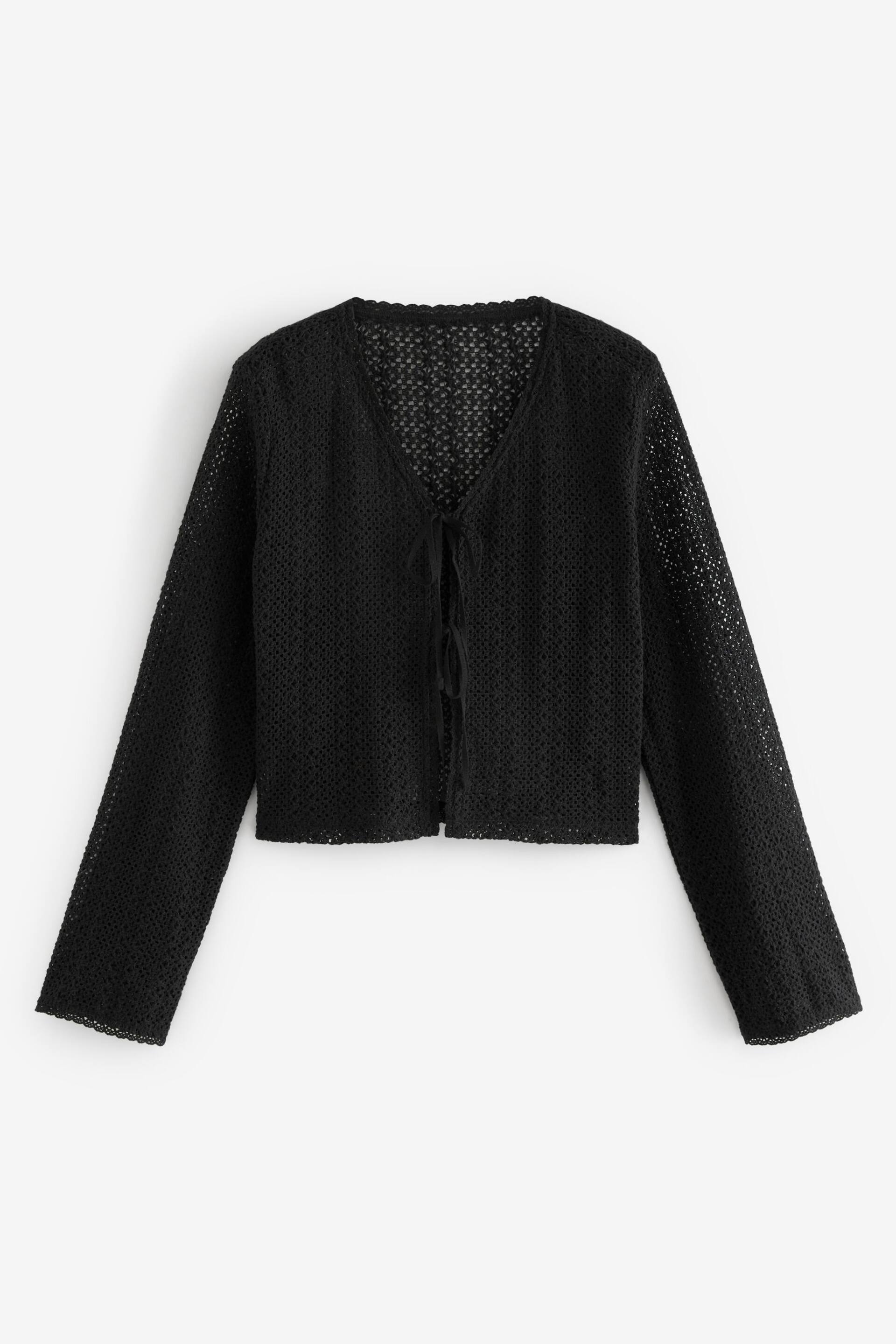 Black Crochet Knit Tie Detail Textured Cardigan - Image 5 of 6