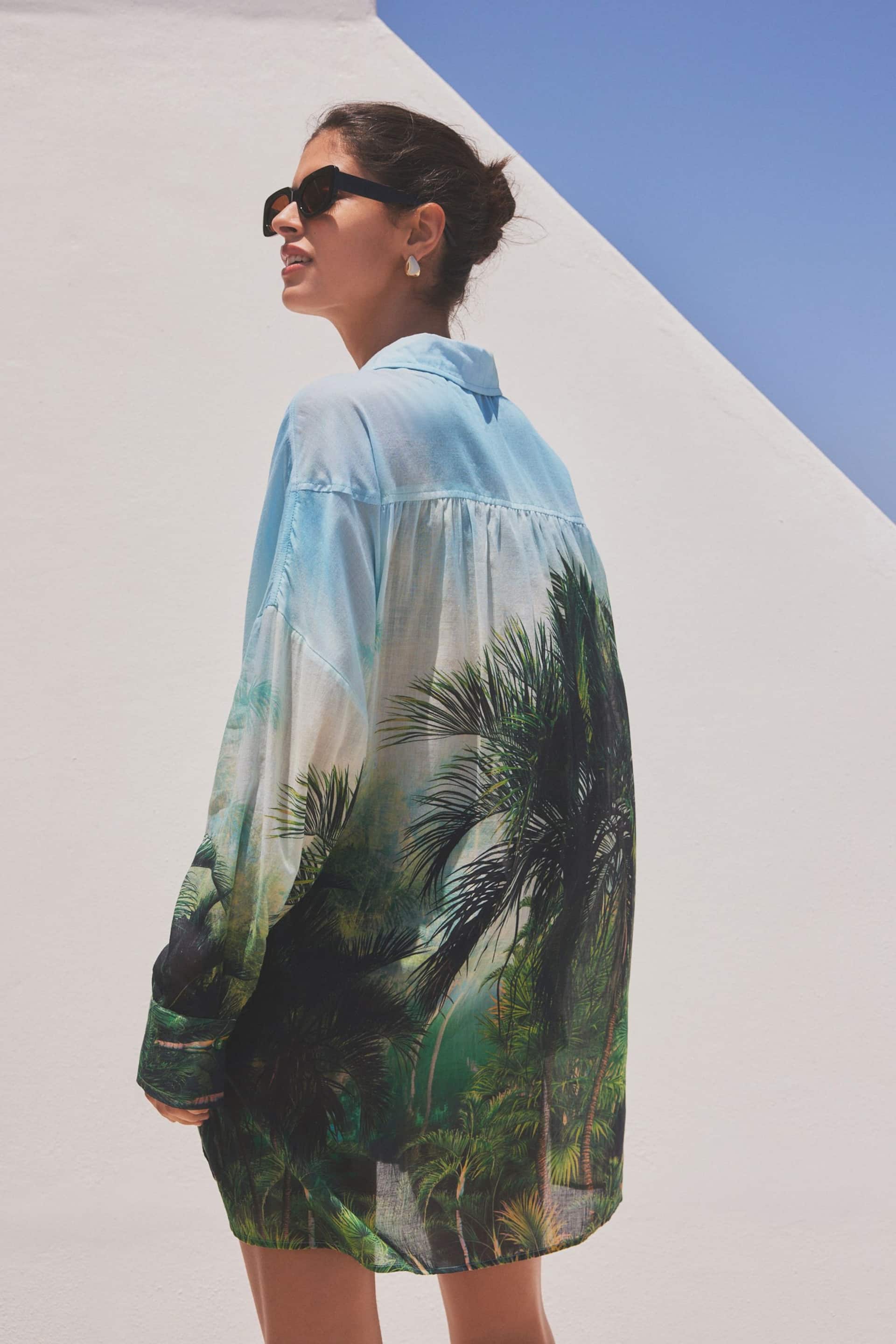 Green/Blue Scene Print Beach Shirt Cover-Up - Image 3 of 8