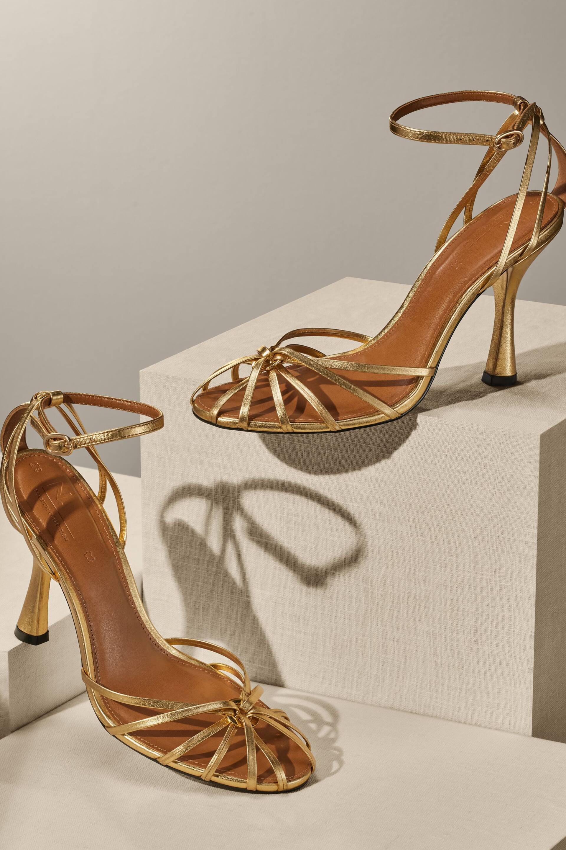 Gold Premium Leather Cage Heeled Sandals - Image 1 of 4