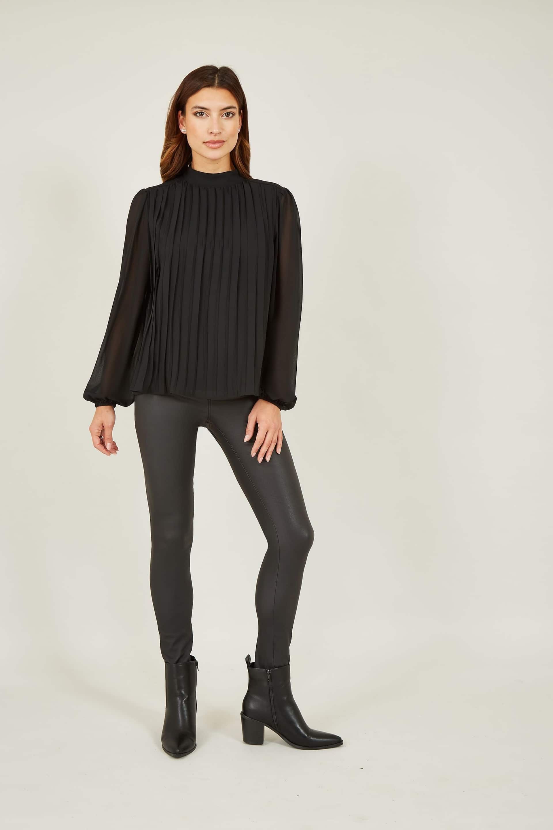 Mela Black Pleated Long Sleeve Top With High Neck - Image 2 of 4