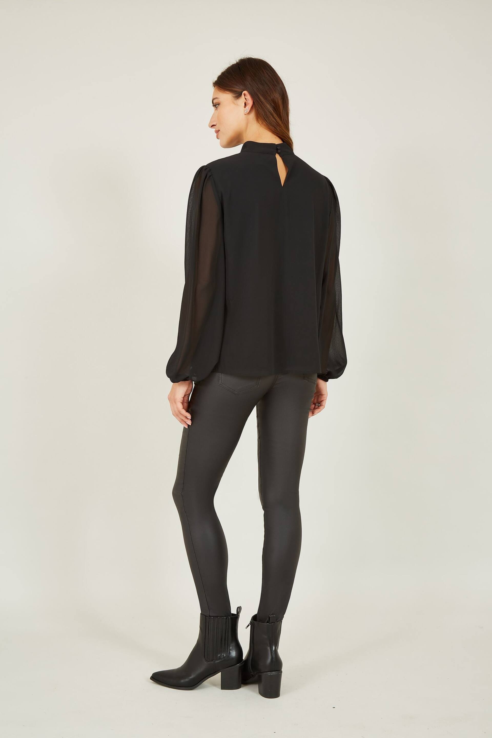 Mela Black Pleated Long Sleeve Top With High Neck - Image 3 of 4