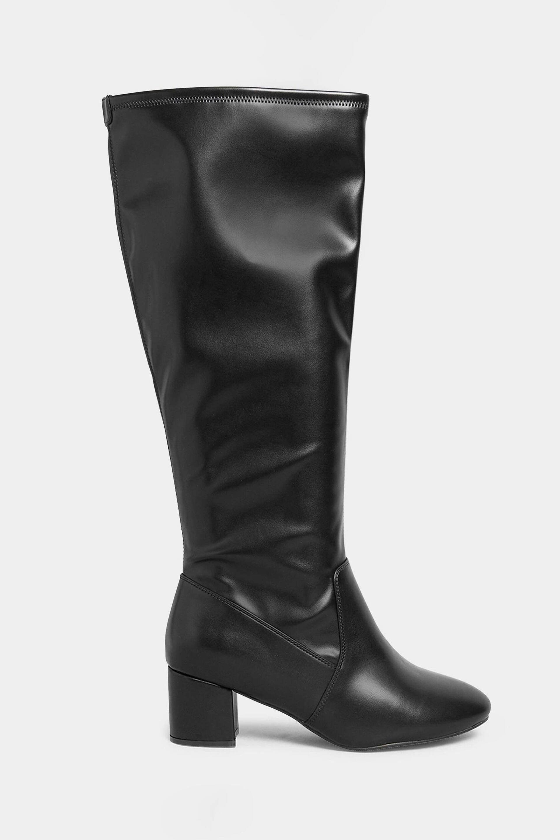 Yours Curve Black Wide Fit Stretch Knee High PU Boots - Image 1 of 5