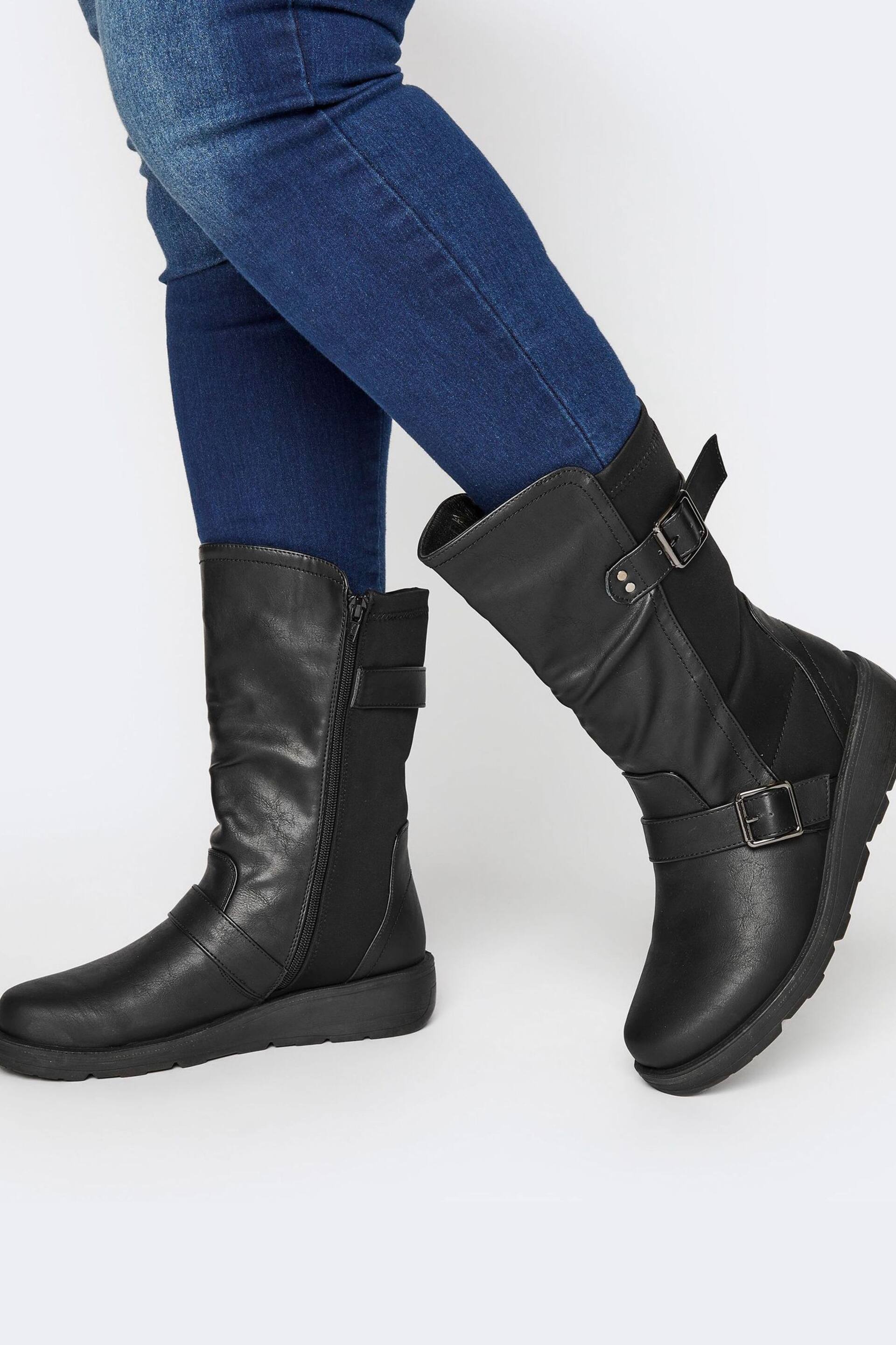 Yours Curve Black Wide Fit Low Wedge Buckle Boots - Image 5 of 5