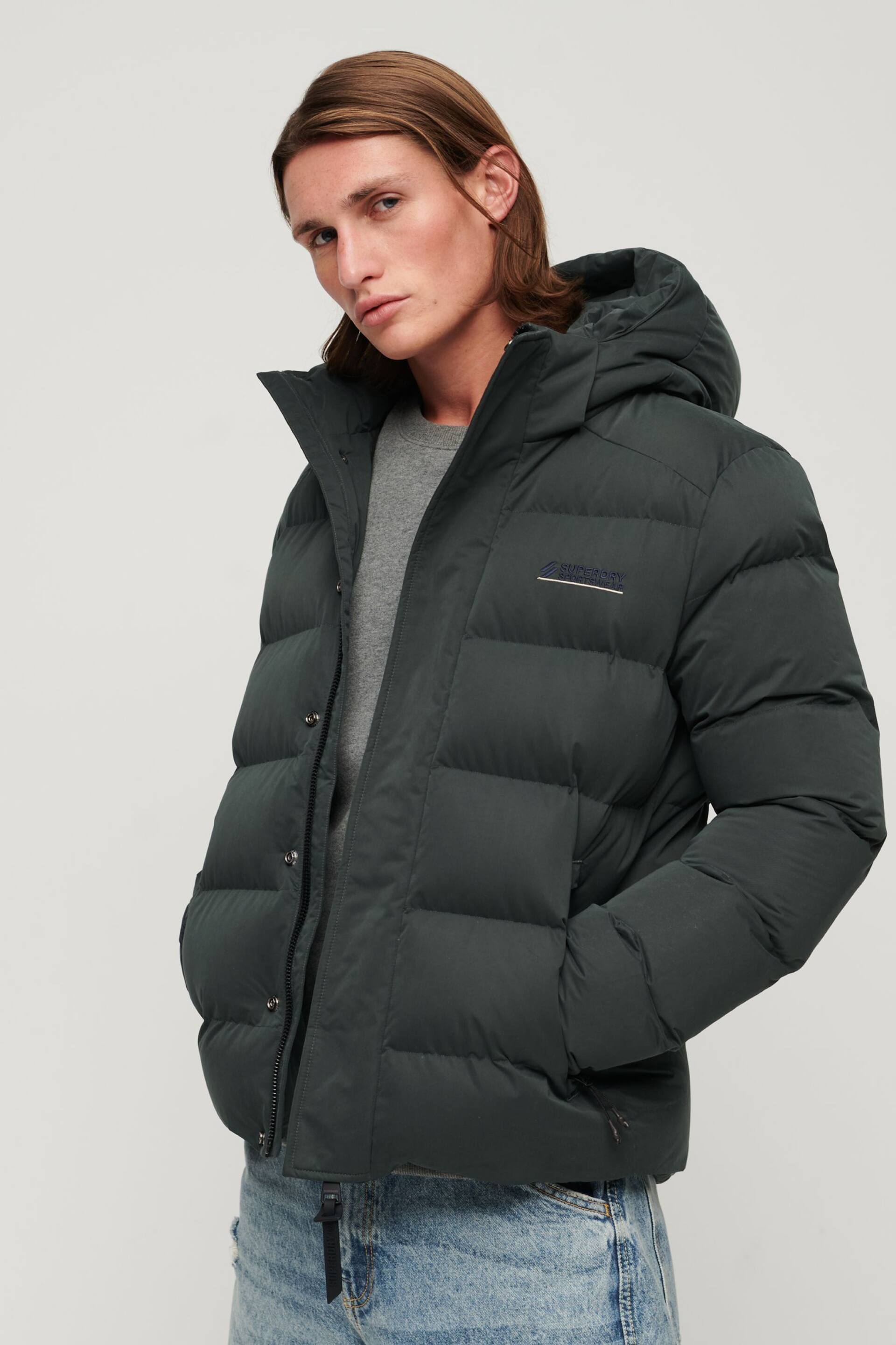Superdry Green Hooded Microfibre Sports Puffer Jacket - Image 1 of 6