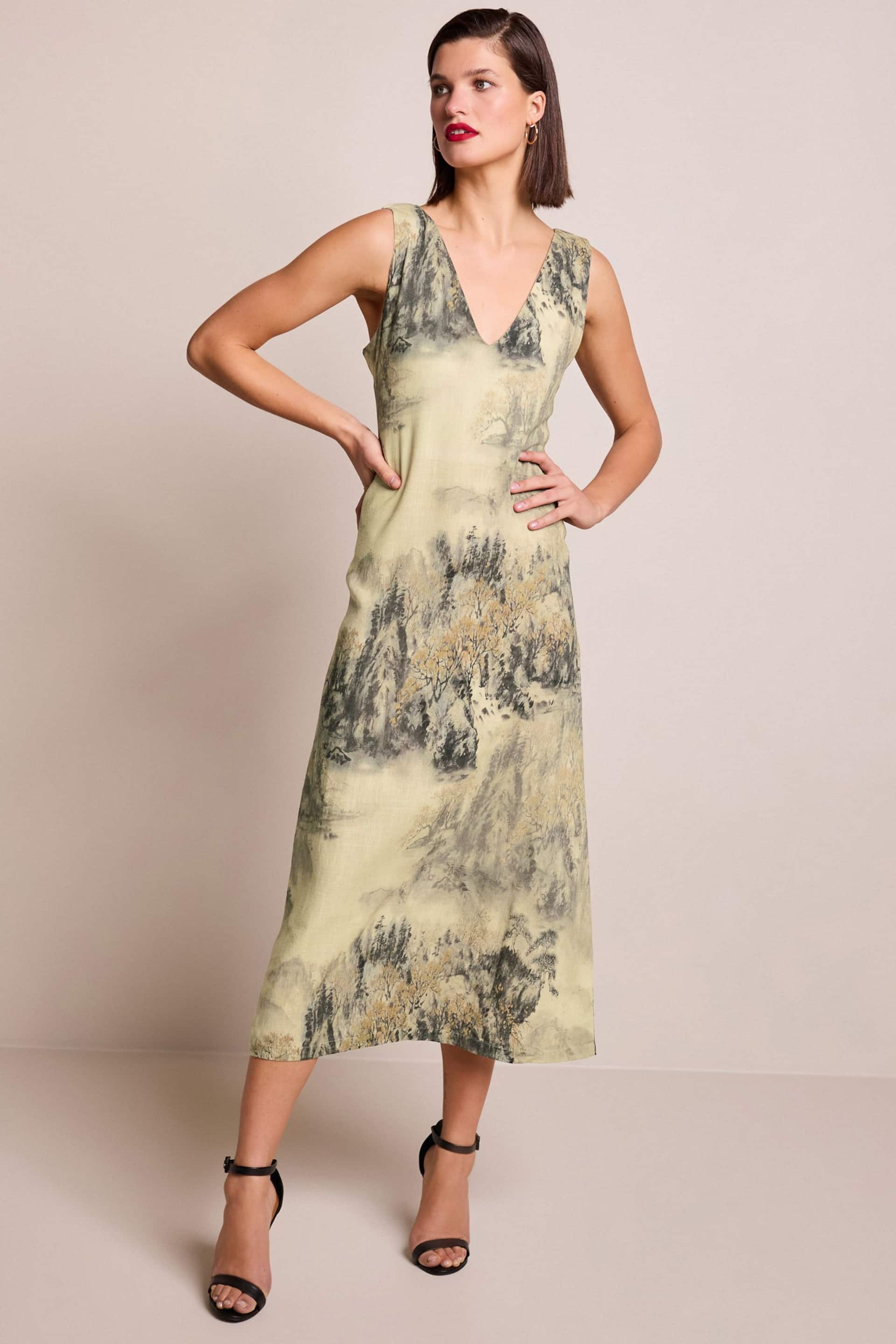Brown Scenic Print Linen Blend V-Neck Midi Dress - Image 2 of 7