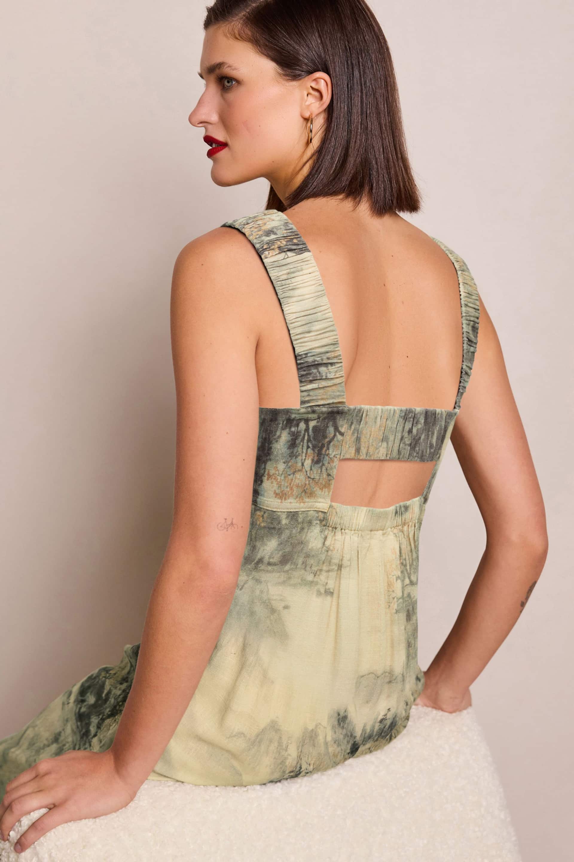 Brown Scenic Print Linen Blend V-Neck Midi Dress - Image 4 of 7