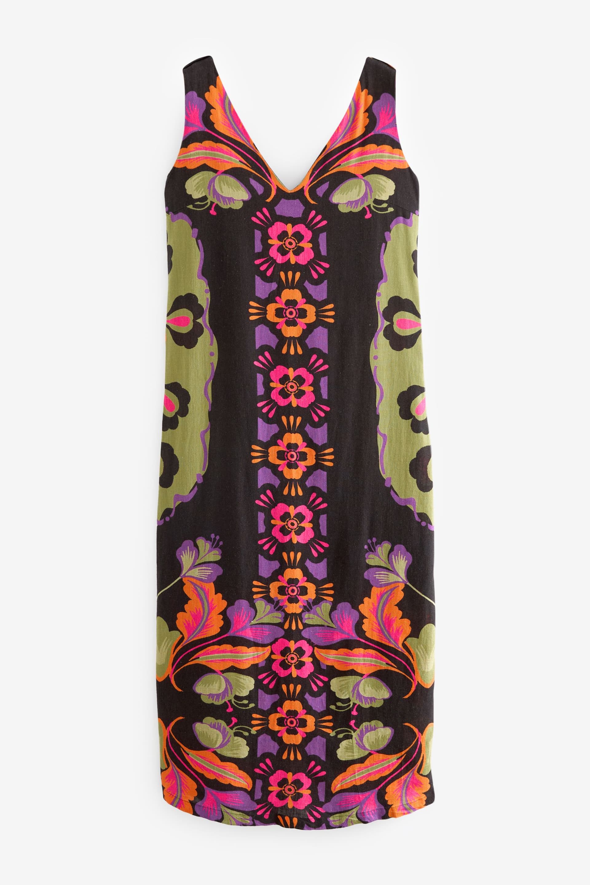 Multi Floral Print Linen Blend V-Neck Midi Dress - Image 5 of 6