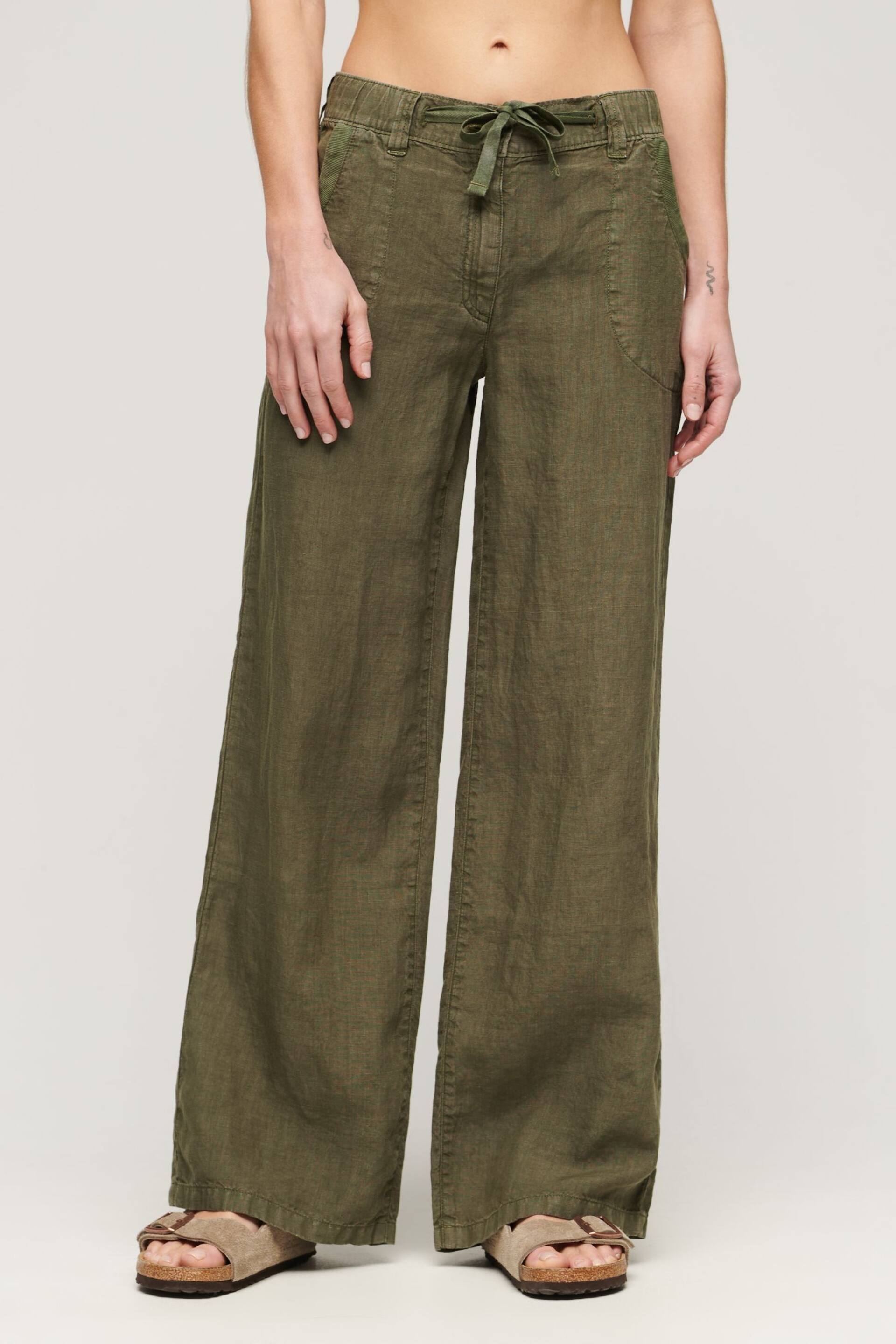 Superdry Green Linen Low Rise Trousers - Image 1 of 6
