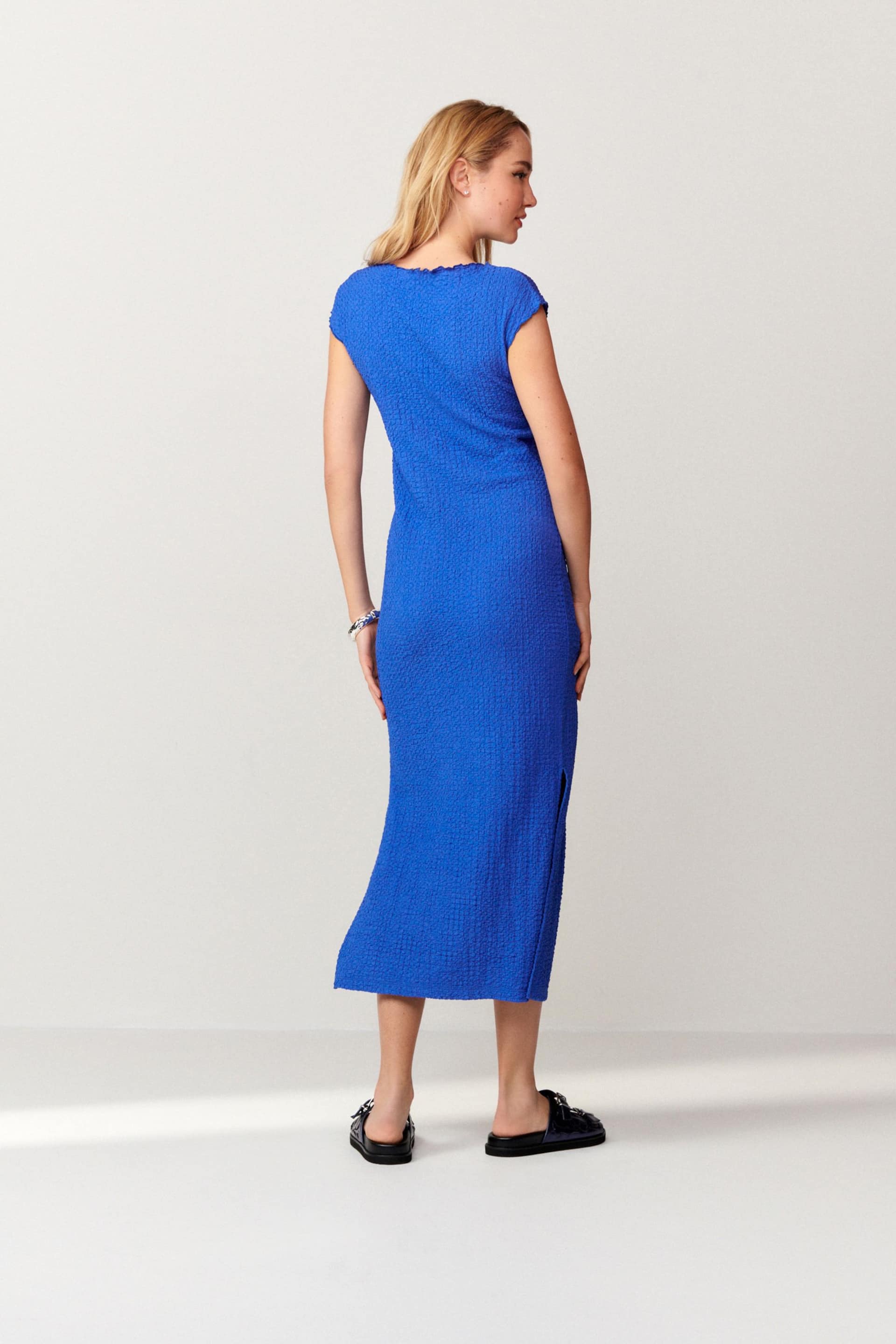 Cobalt Blue Short Sleeve Textured Column Jersey Dress - Image 3 of 7