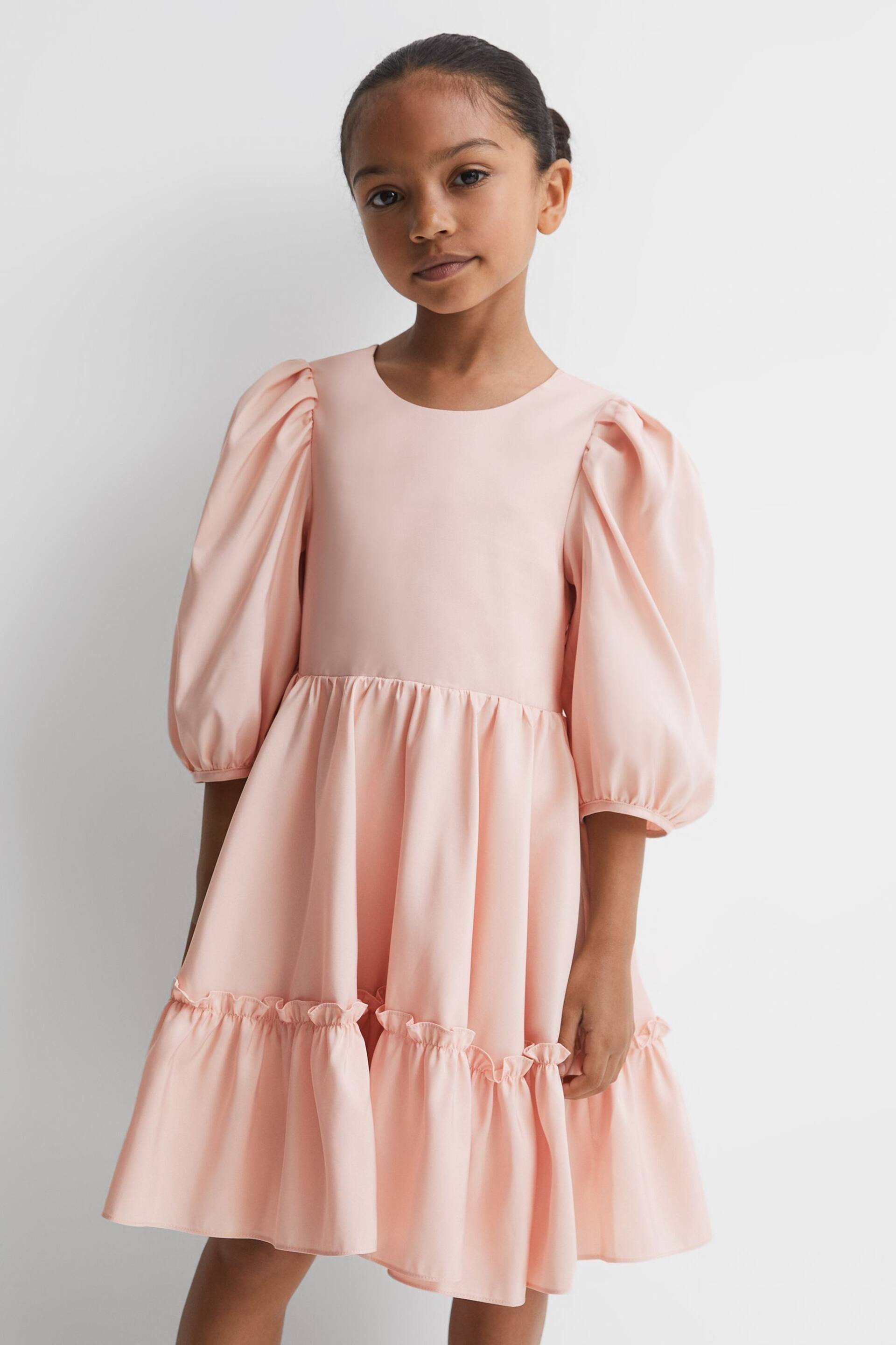 Reiss Pink Toby Junior Puff Sleeve Ruffle Mini Dress - Image 1 of 7