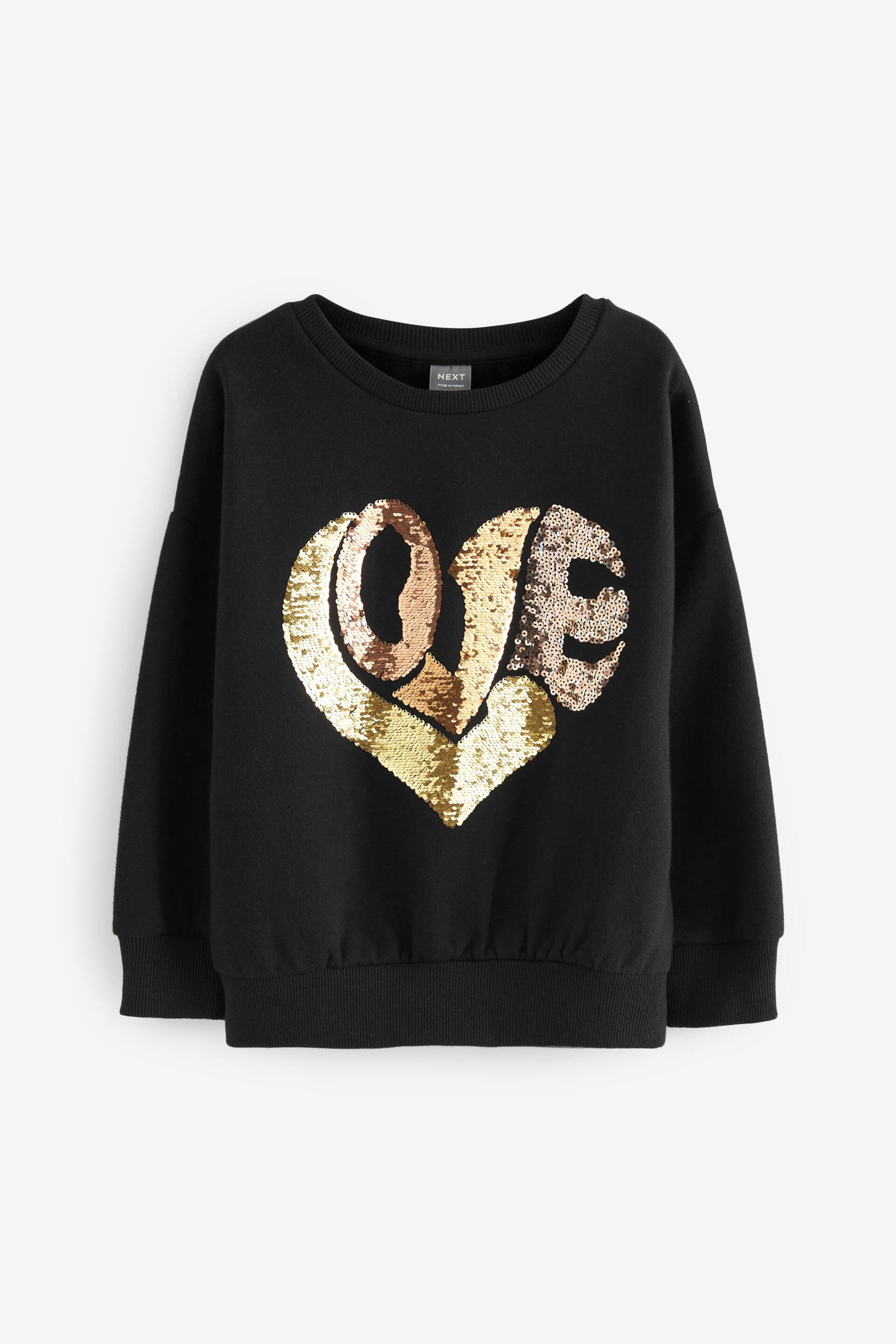 Black/Gold Love Heart Sequin Crew Sweatshirt Top (3-16yrs) - Image 1 of 4