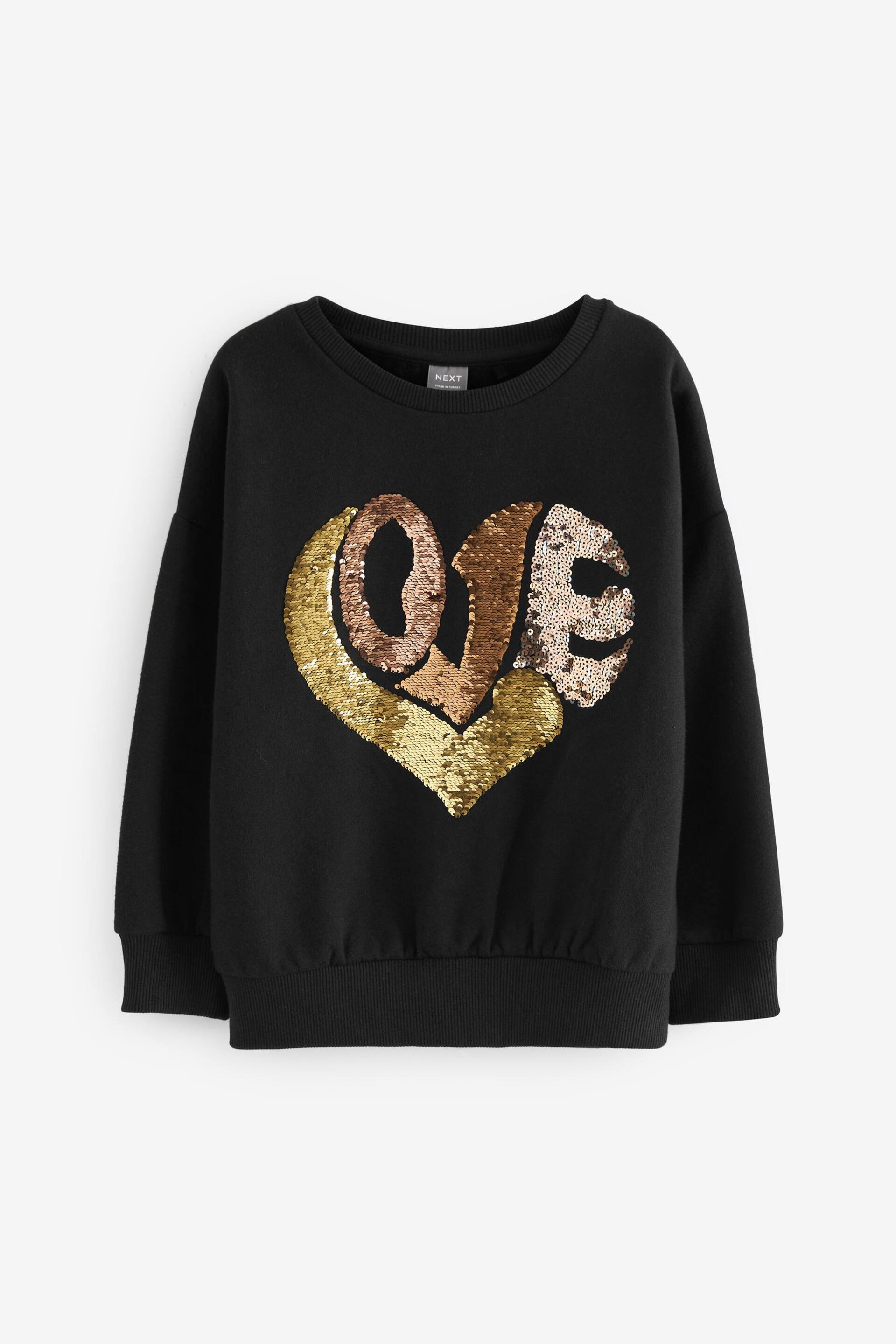 Black/Gold Love Heart Sequin Crew Sweatshirt Top (3-16yrs) - Image 2 of 4