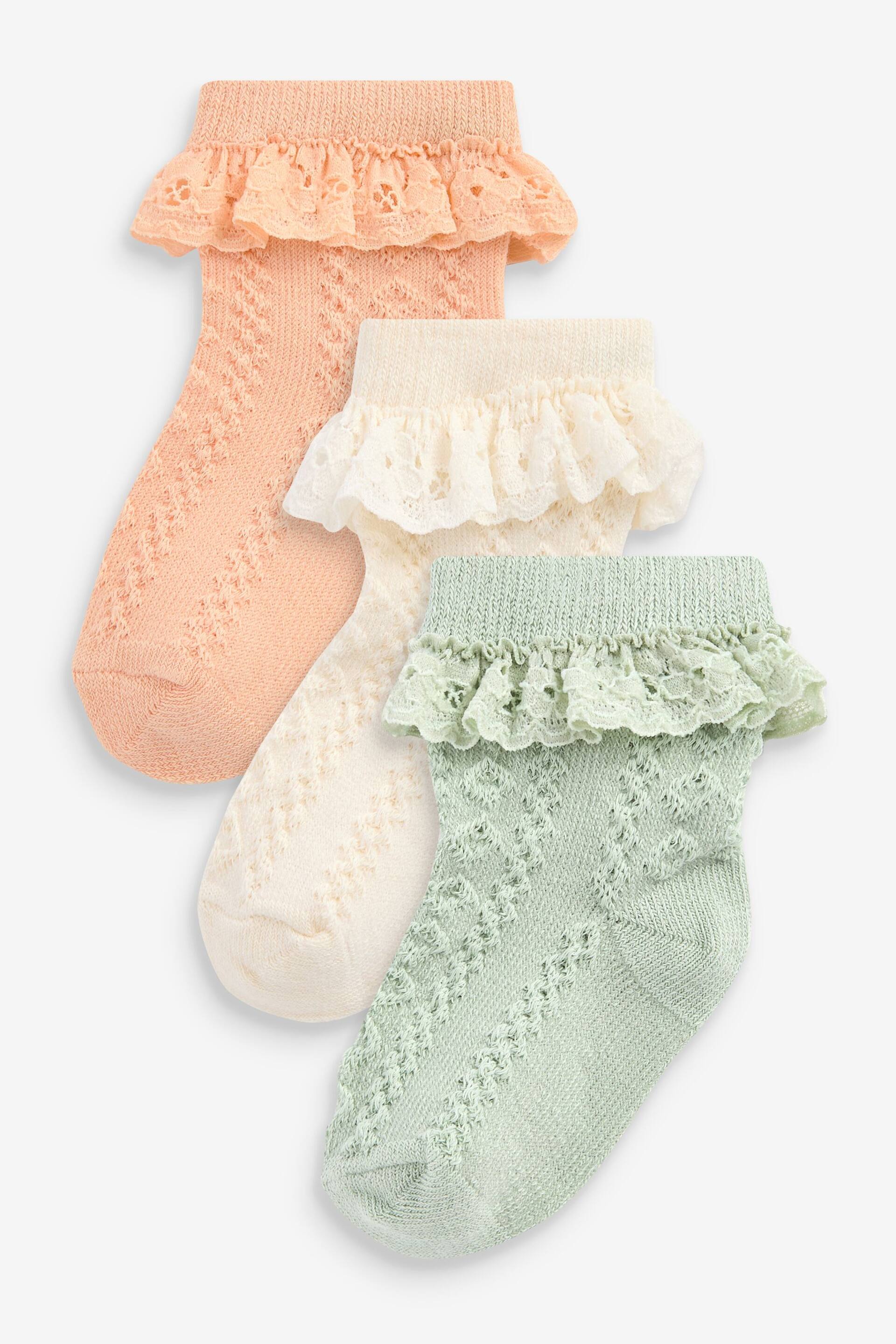 Green/Orange Lace Trim Baby Socks 3 Pack (0mths-2yrs) - Image 1 of 4