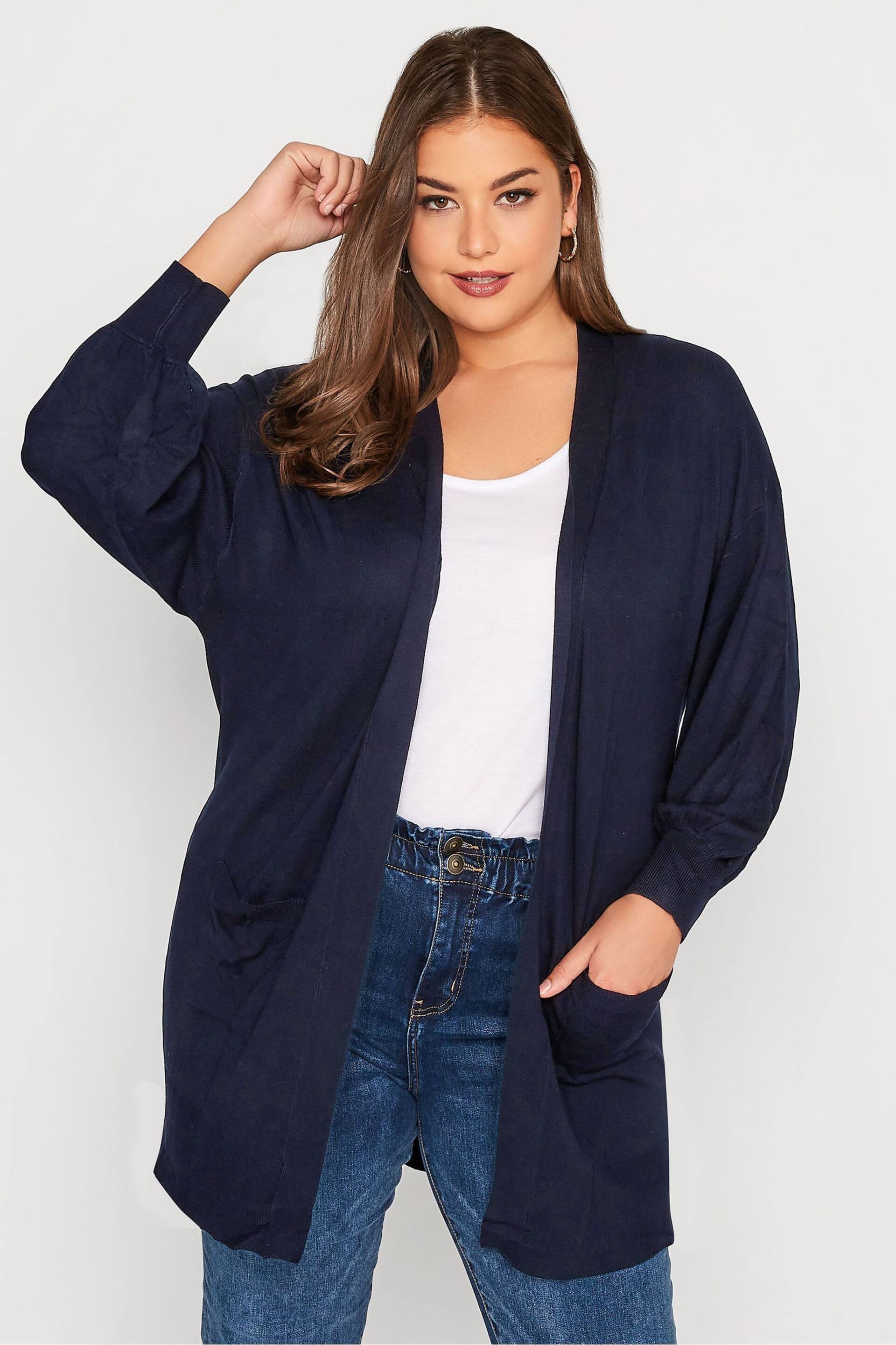 Yours Curve Blue Balloon Sleeve Fine Knit Cardigan - Image 1 of 5