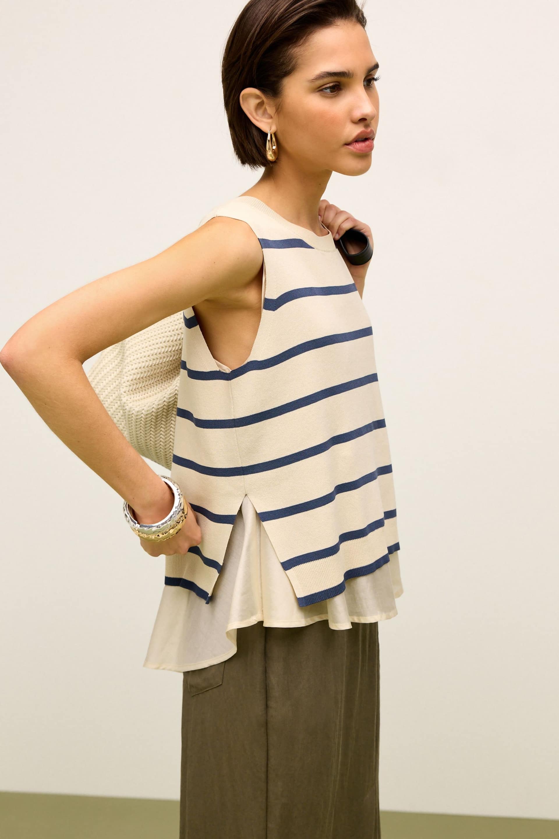 Navy Blue Stripe Woven Mix Sleeveless Layer Top - Image 1 of 6