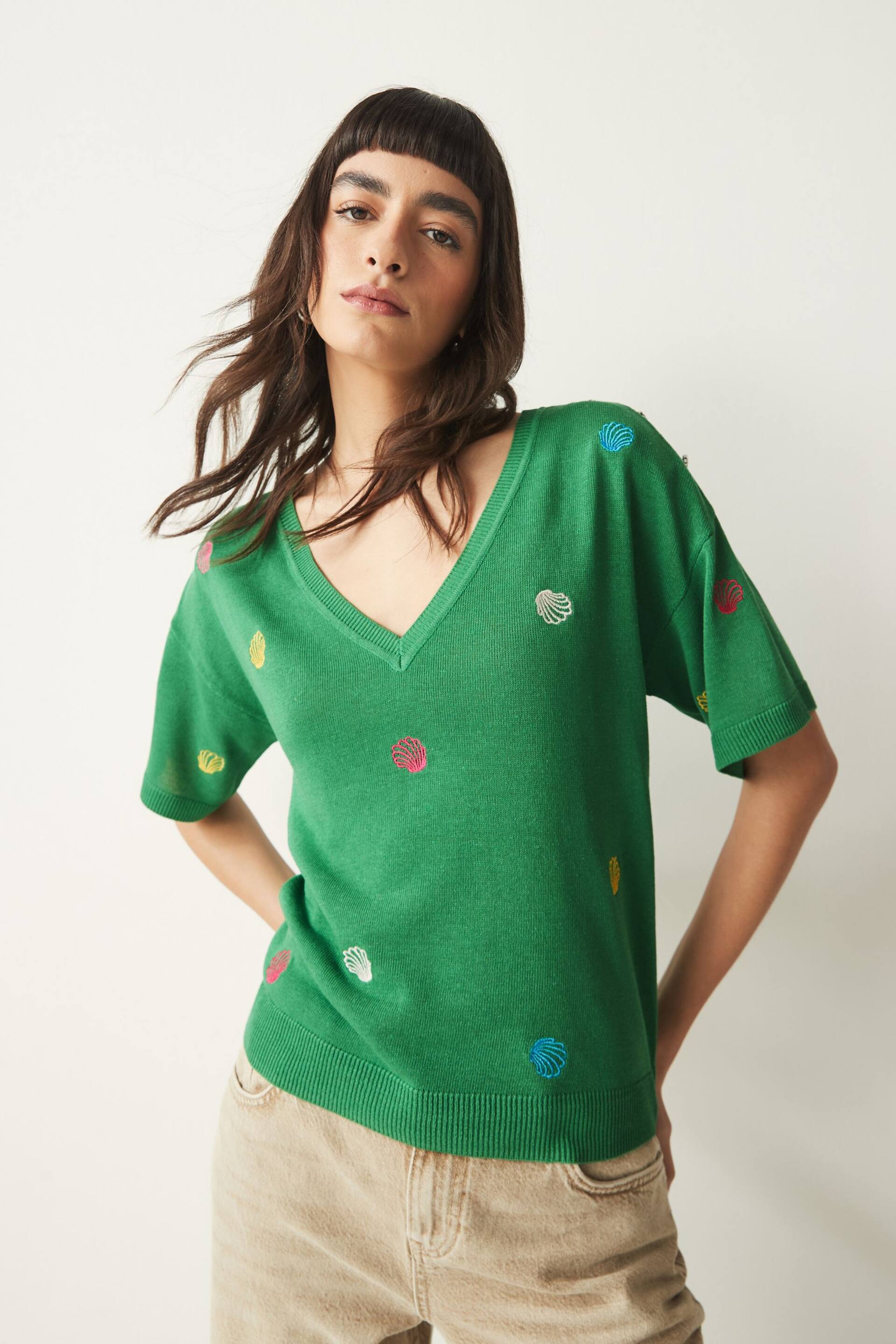 Bright Green Shell V-Neck Gem Button Linen T-Shirt - Image 1 of 7