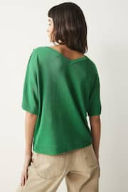 Bright Green Shell V-Neck Gem Button Linen T-Shirt - Image 3 of 7