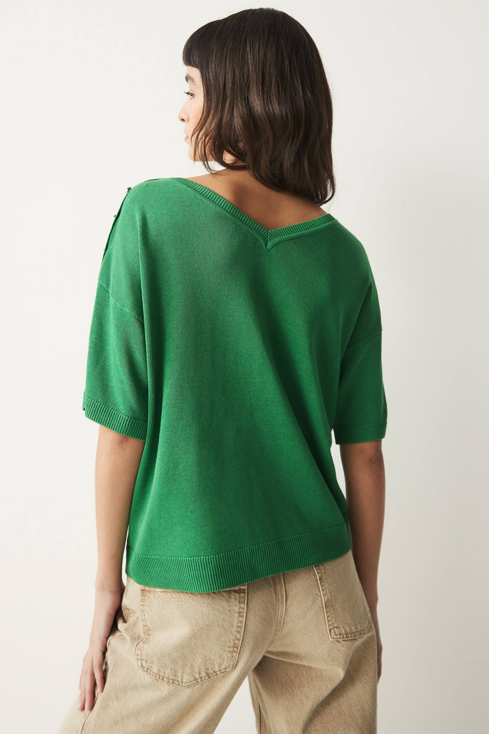 Bright Green Shell V-Neck Gem Button Linen T-Shirt - Image 3 of 7