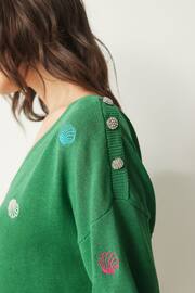 Bright Green Shell V-Neck Gem Button Linen T-Shirt - Image 5 of 7