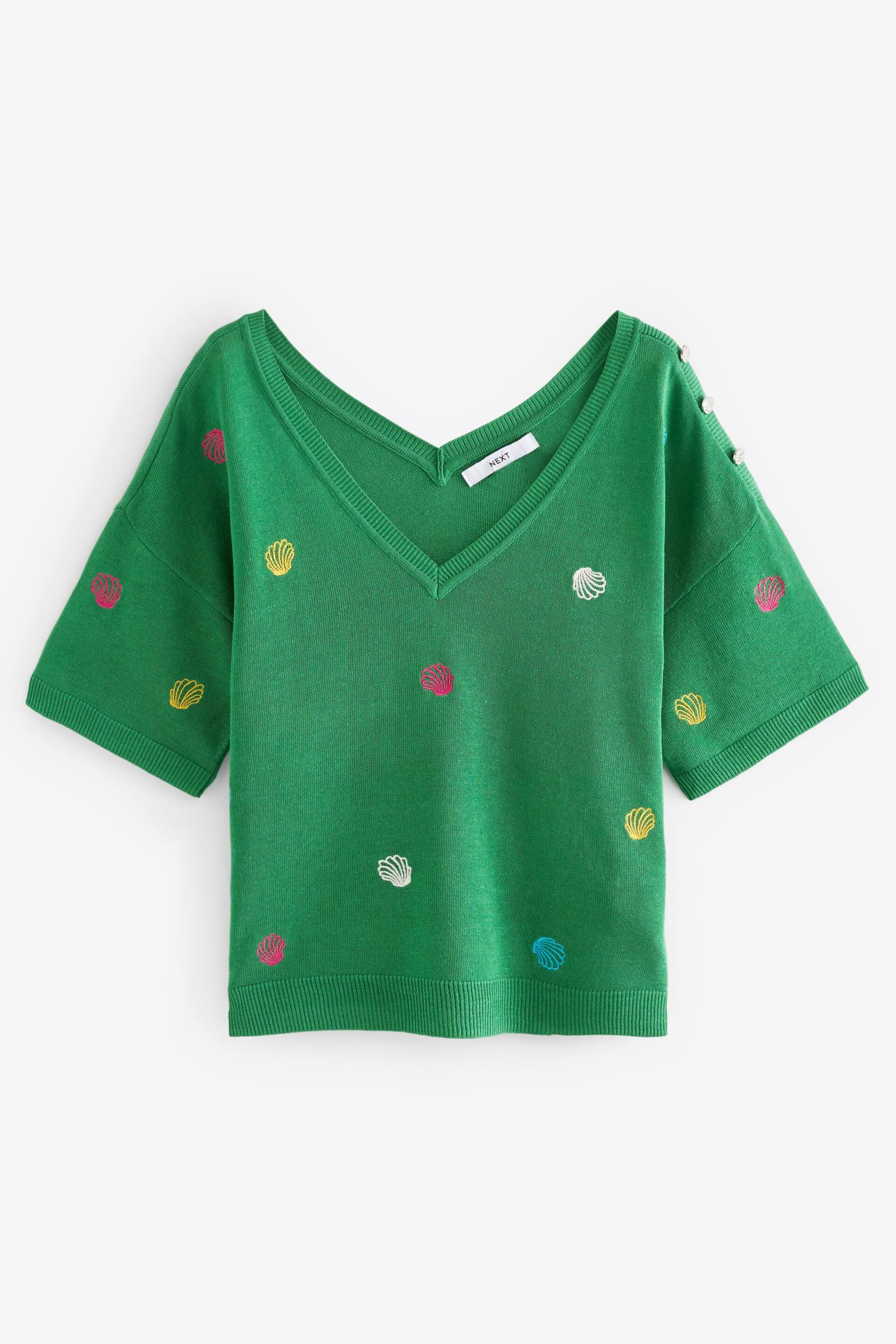 Bright Green Shell V-Neck Gem Button Linen T-Shirt - Image 6 of 7