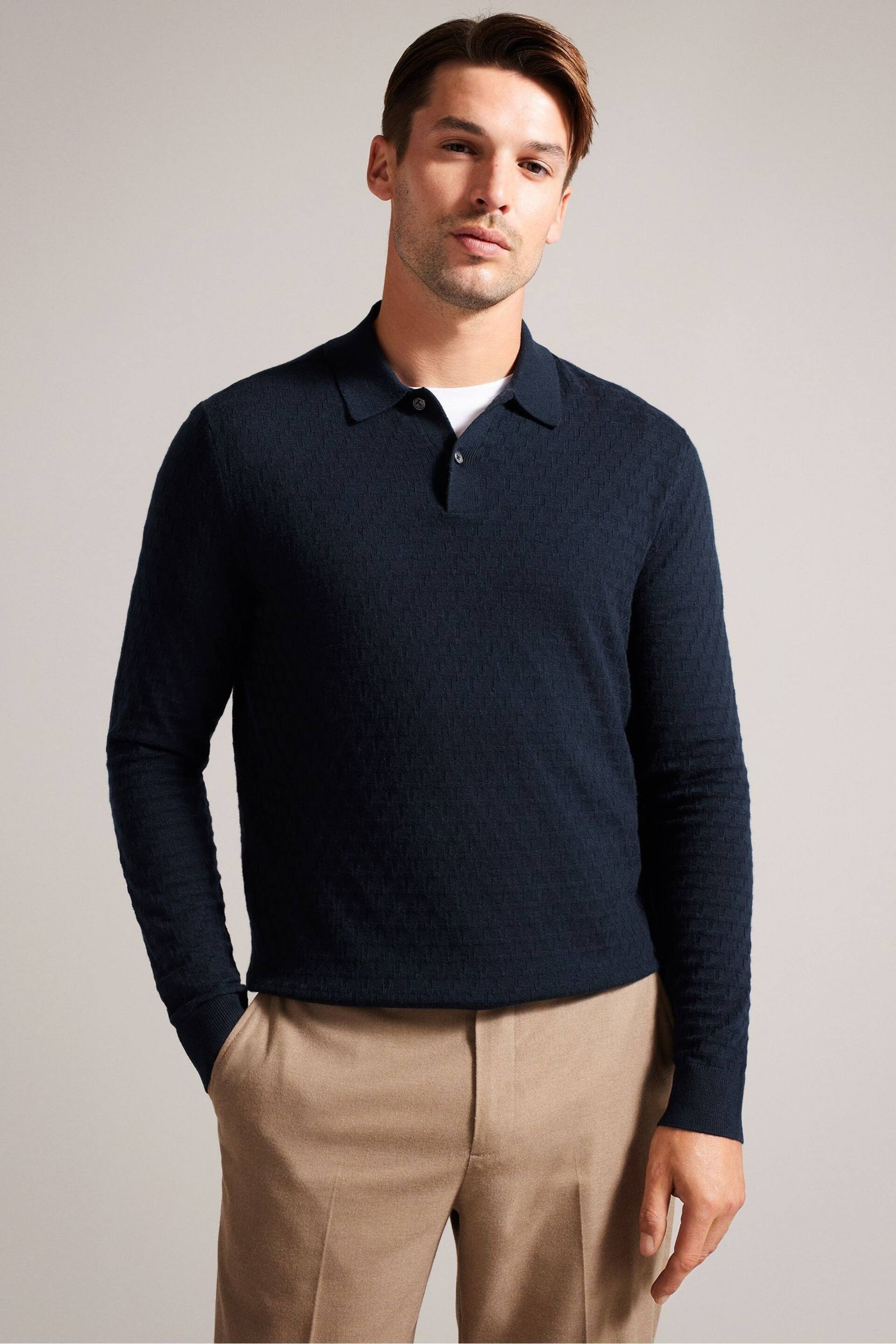 Ted Baker Blue Morar Stitch Knitted Polo Shirt - Image 1 of 6