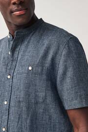 Navy Blue Grandad Collar Linen Blend Short Sleeve Shirt - Image 5 of 8