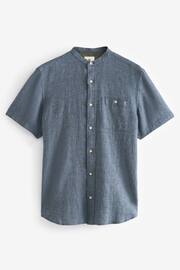 Navy Blue Grandad Collar Linen Blend Short Sleeve Shirt - Image 6 of 8