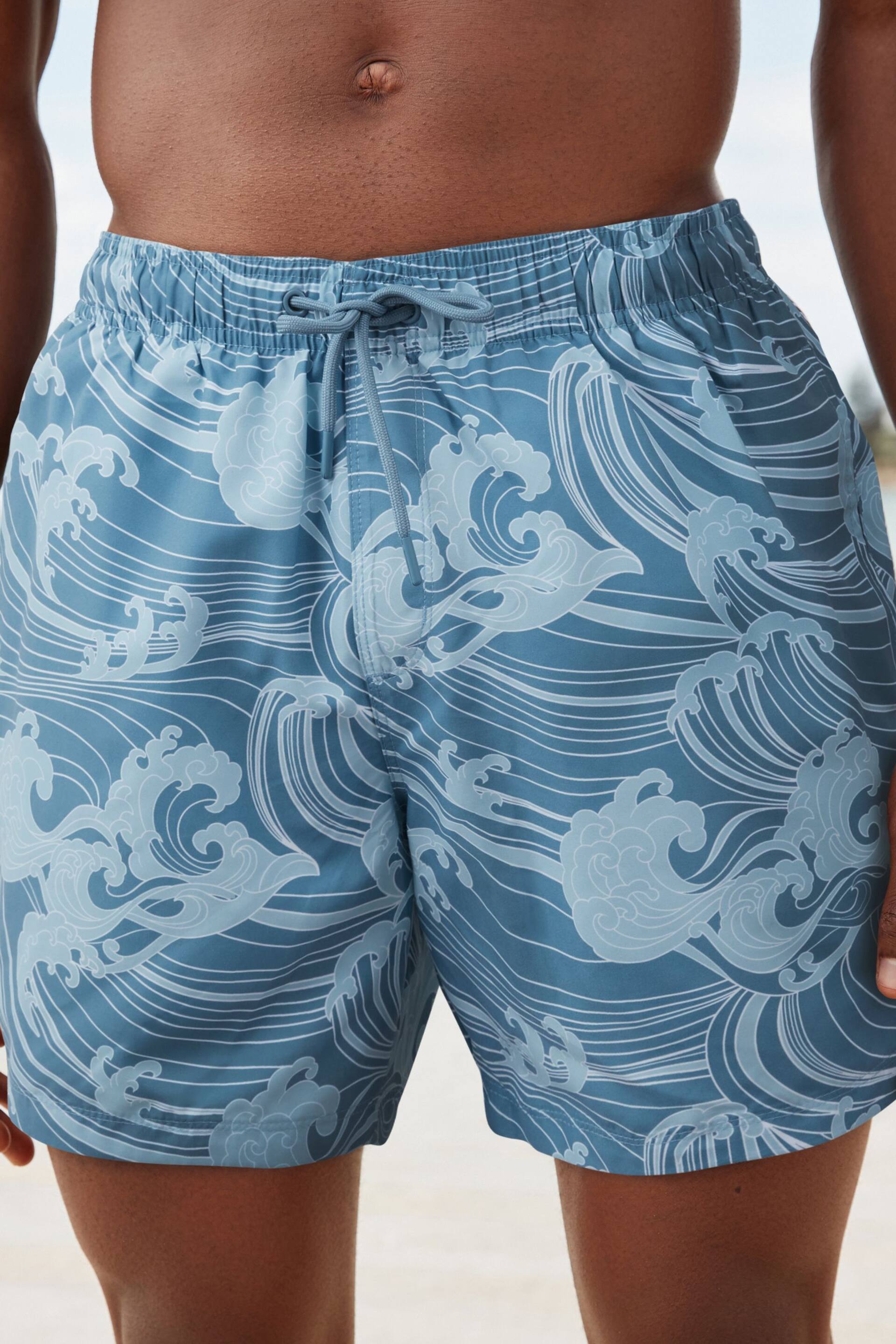 Slate Blue Wave Regular Fit Printed Swim Shorts - Image 1 of 9