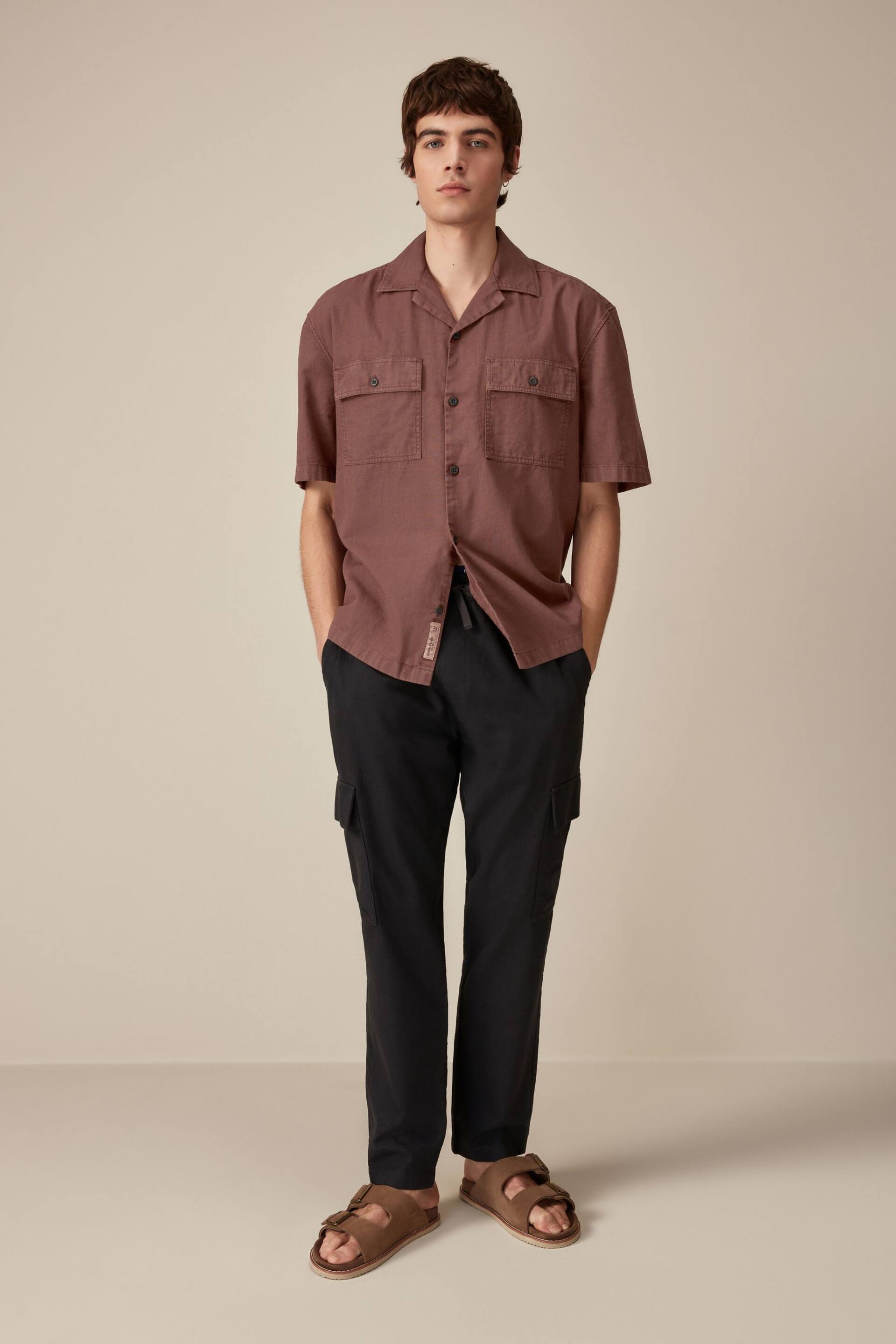 Rust Brown Linen Blend Short Sleeve Shirt with Cuban Collar - Image 2 of 9