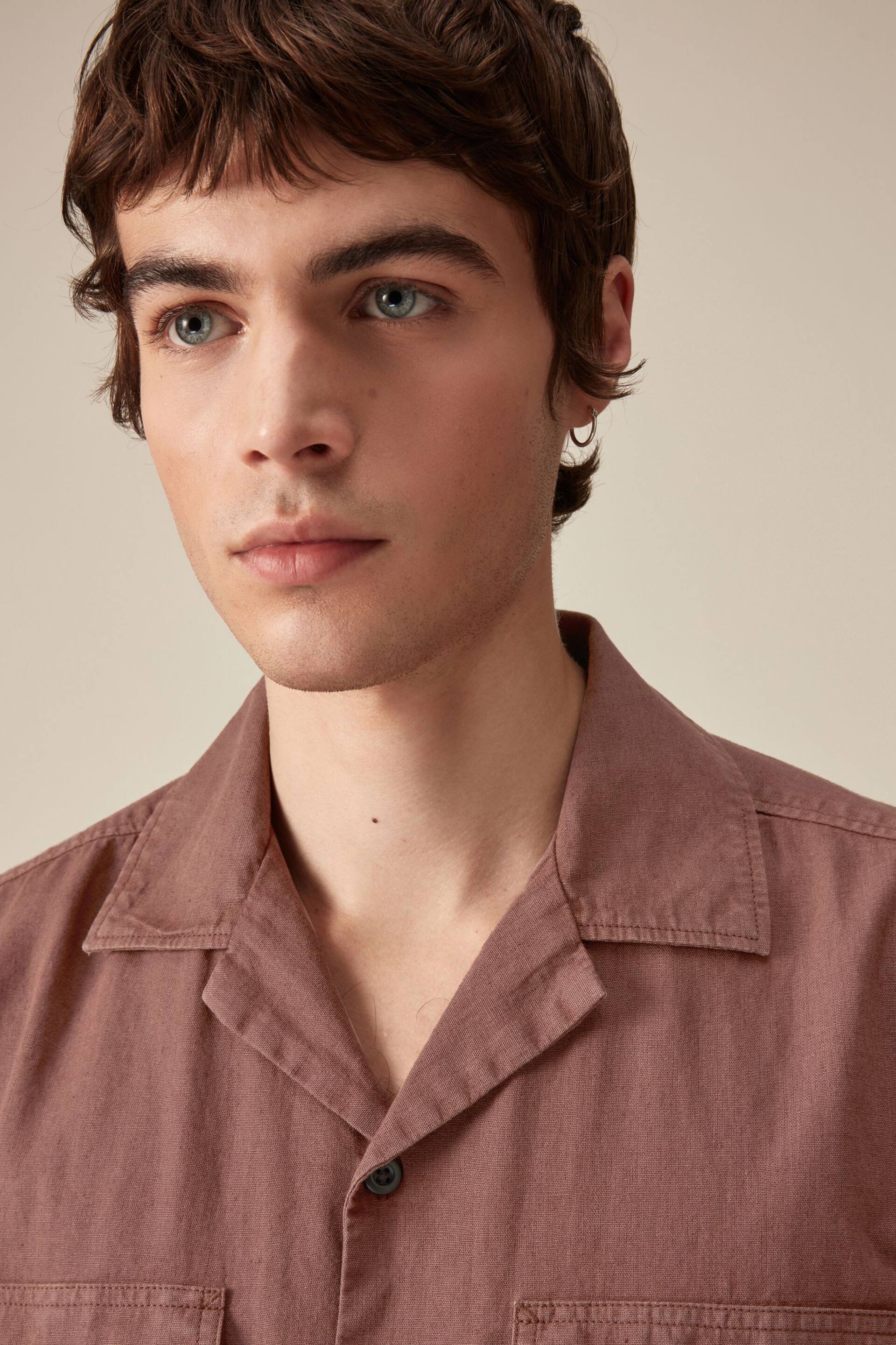 Rust Brown Linen Blend Short Sleeve Shirt with Cuban Collar - Image 4 of 9