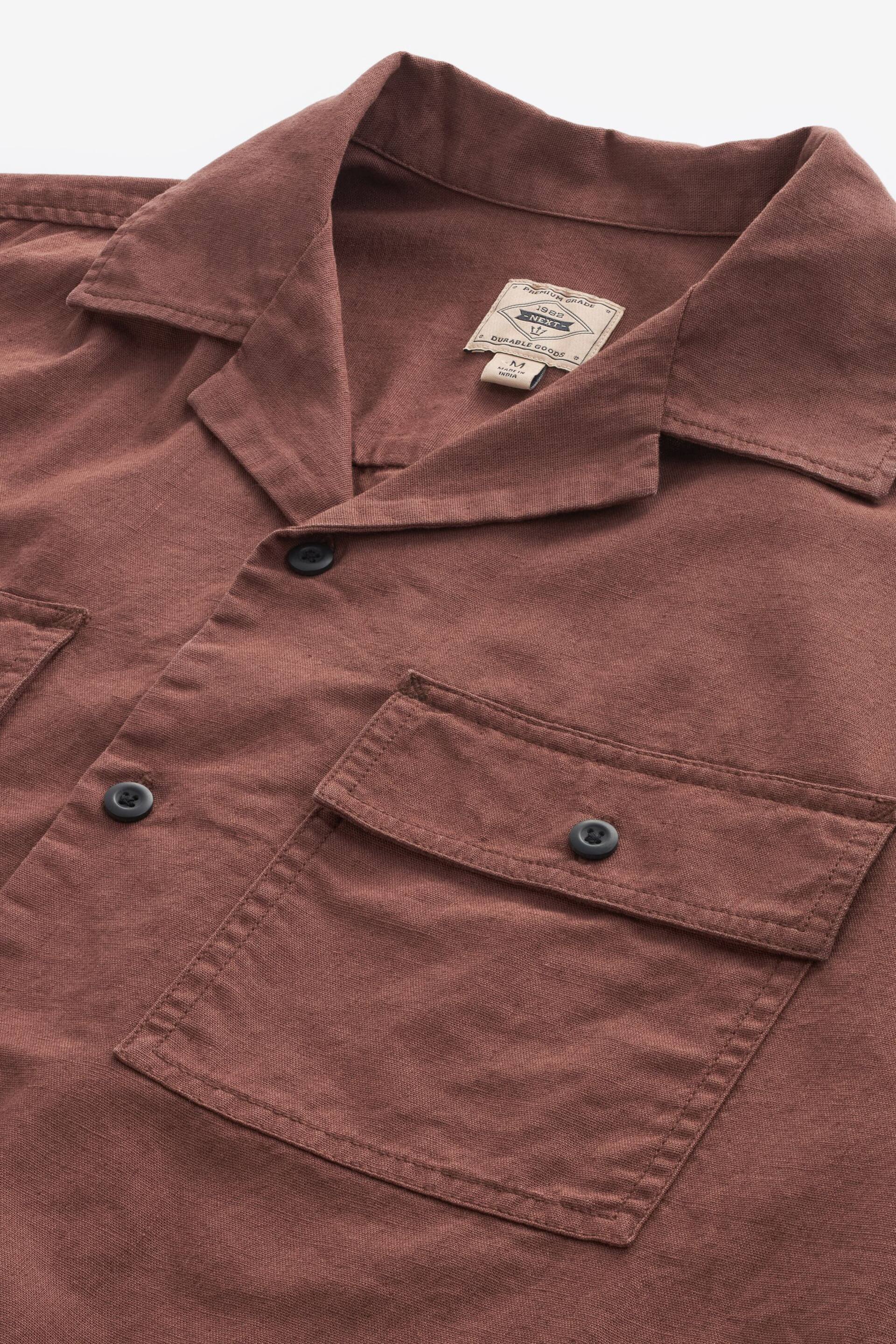 Rust Brown Linen Blend Short Sleeve Shirt with Cuban Collar - Image 7 of 9