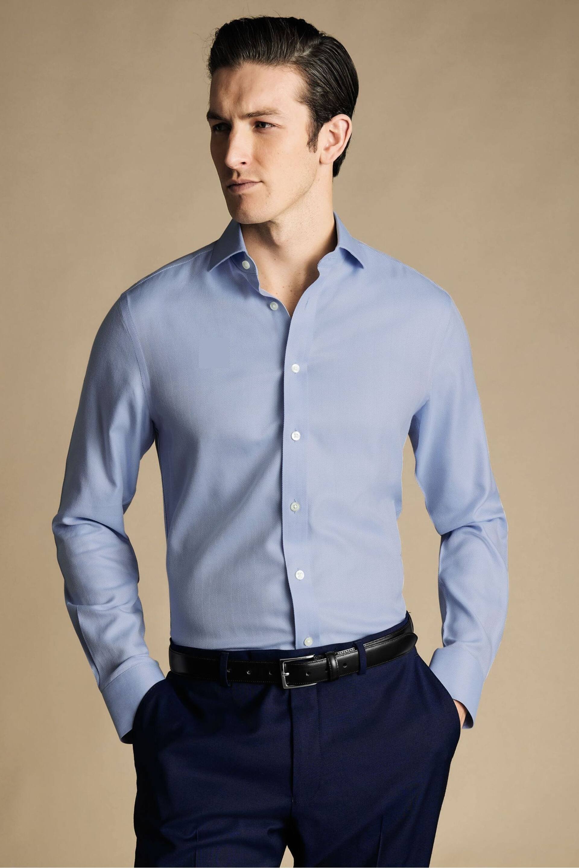 Charles Tyrwhitt Blue Slim Fit Cutaway Non-iron Herringbone Shirt - Image 1 of 4