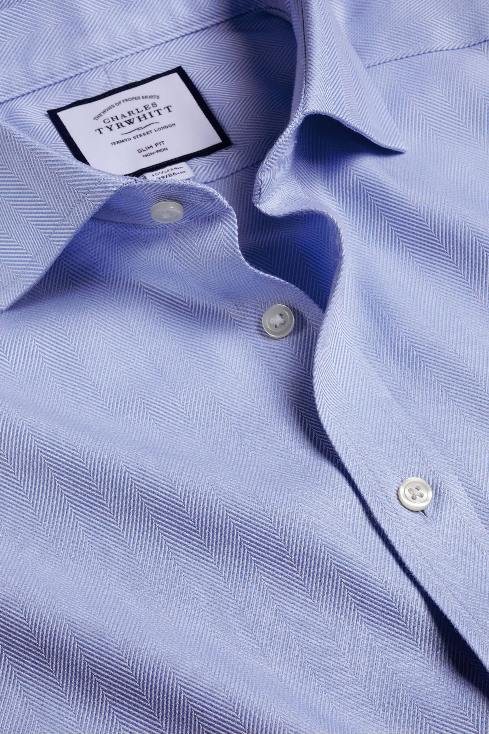 Charles Tyrwhitt Blue Slim Fit Cutaway Non-iron Herringbone Shirt - Image 4 of 4