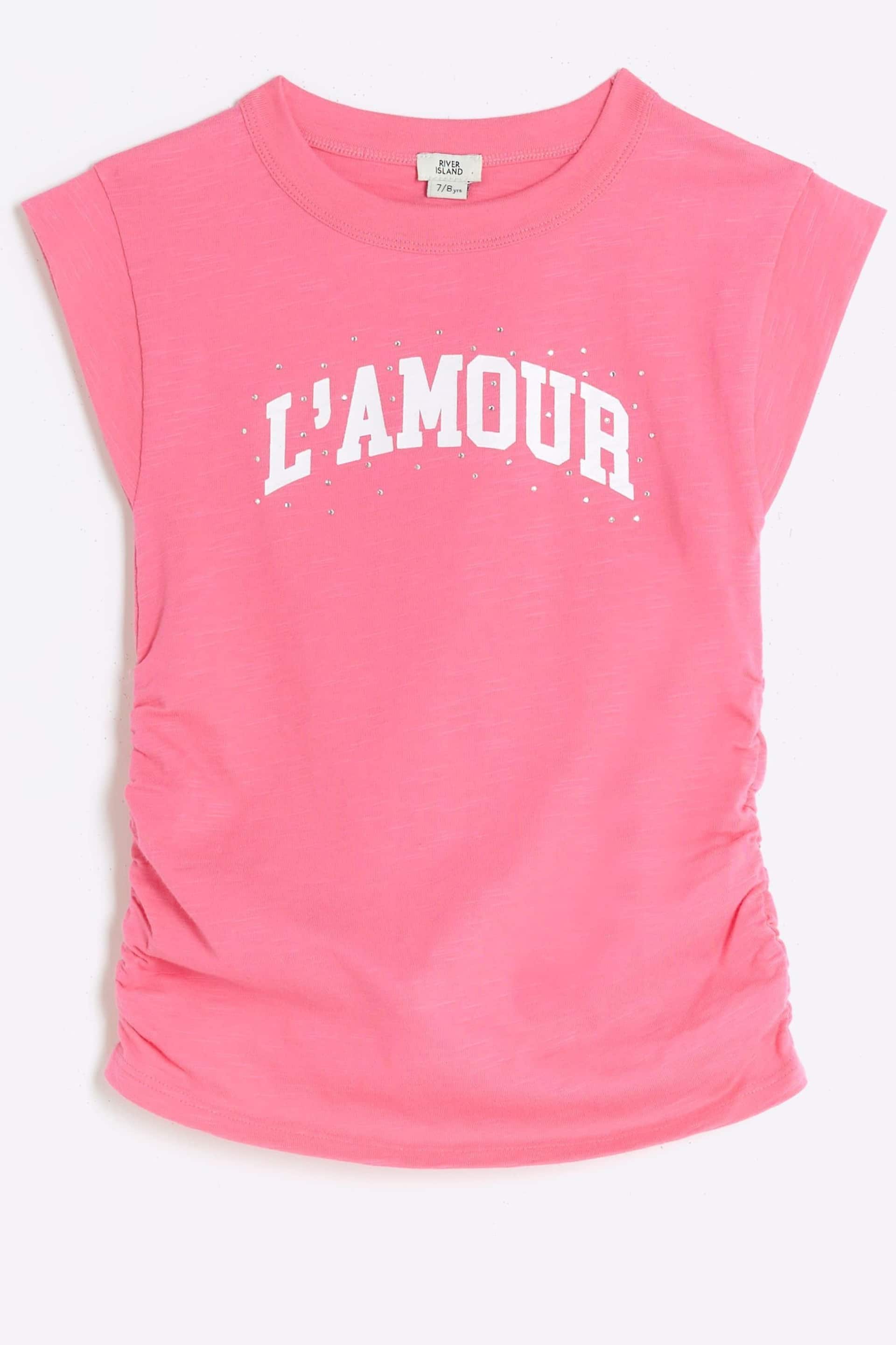 River Island Pink Girls Cap Sleeve Ruched Side T-Shirt - Image 1 of 3